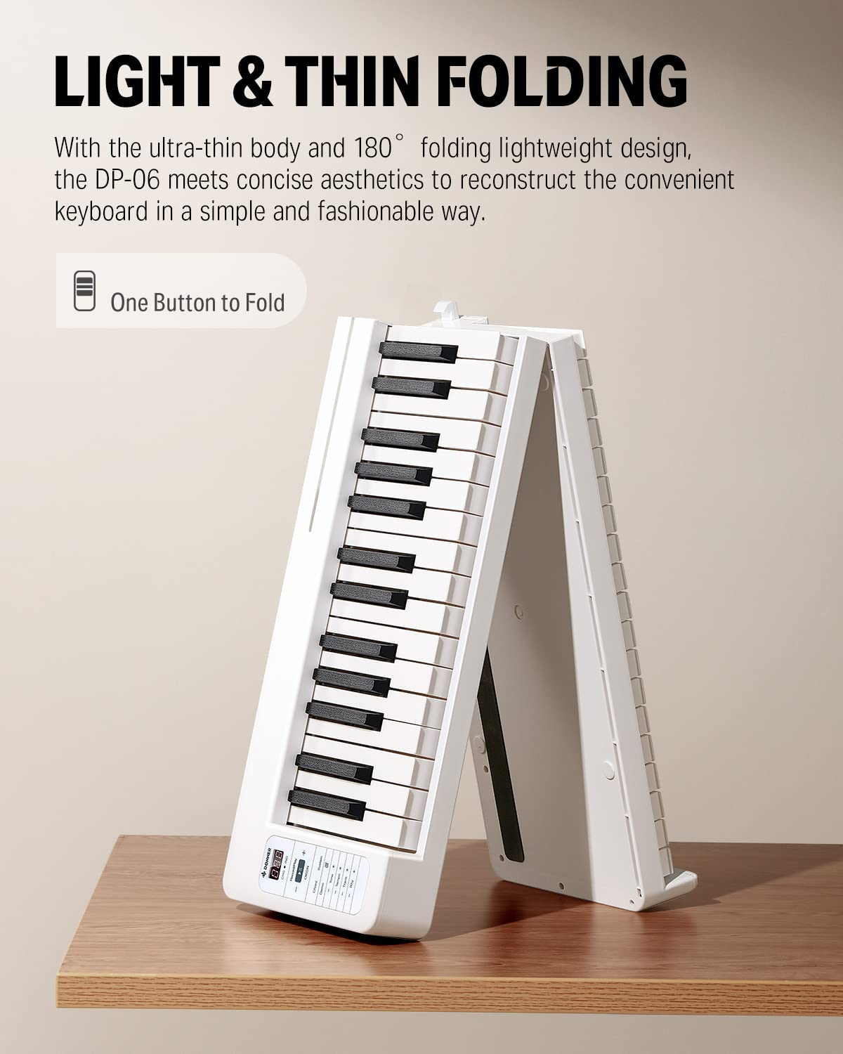 Donner Folding Piano Keyboard, 61 Keys Sensitive Electric Piano, Portable Beginner Digital Piano Foldable Keyboard with Music Rest, Piano Bag, Piano Pedal, Piano APP, DP-06 White image number 6
