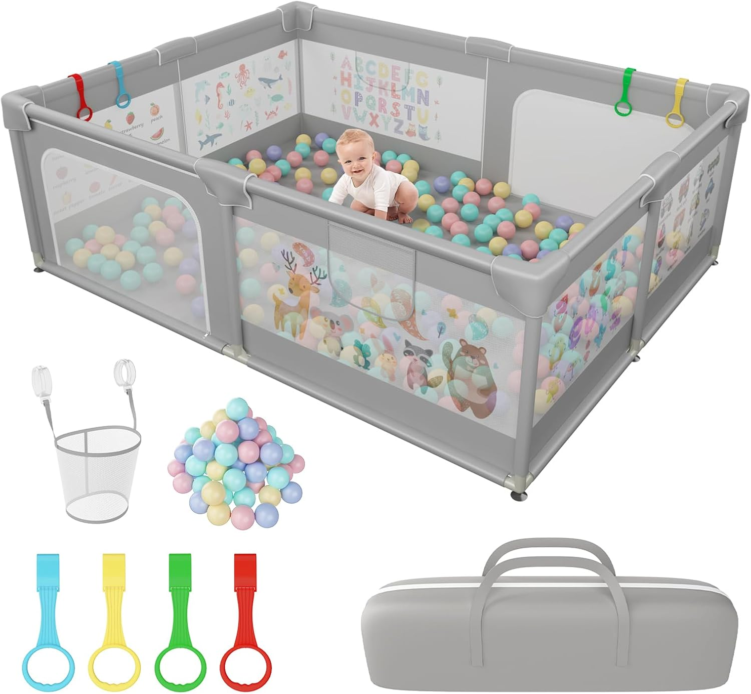200X150Cm Playpen Baby, Extra Large Play Pen for Toddlers with Pattern Anti-Slip Sturdy Baby Play Yards Fence with 50 Balls, 4 Pull Rings, Balls Storage, Ball Storage & Zipper Door (Gray) image number 4