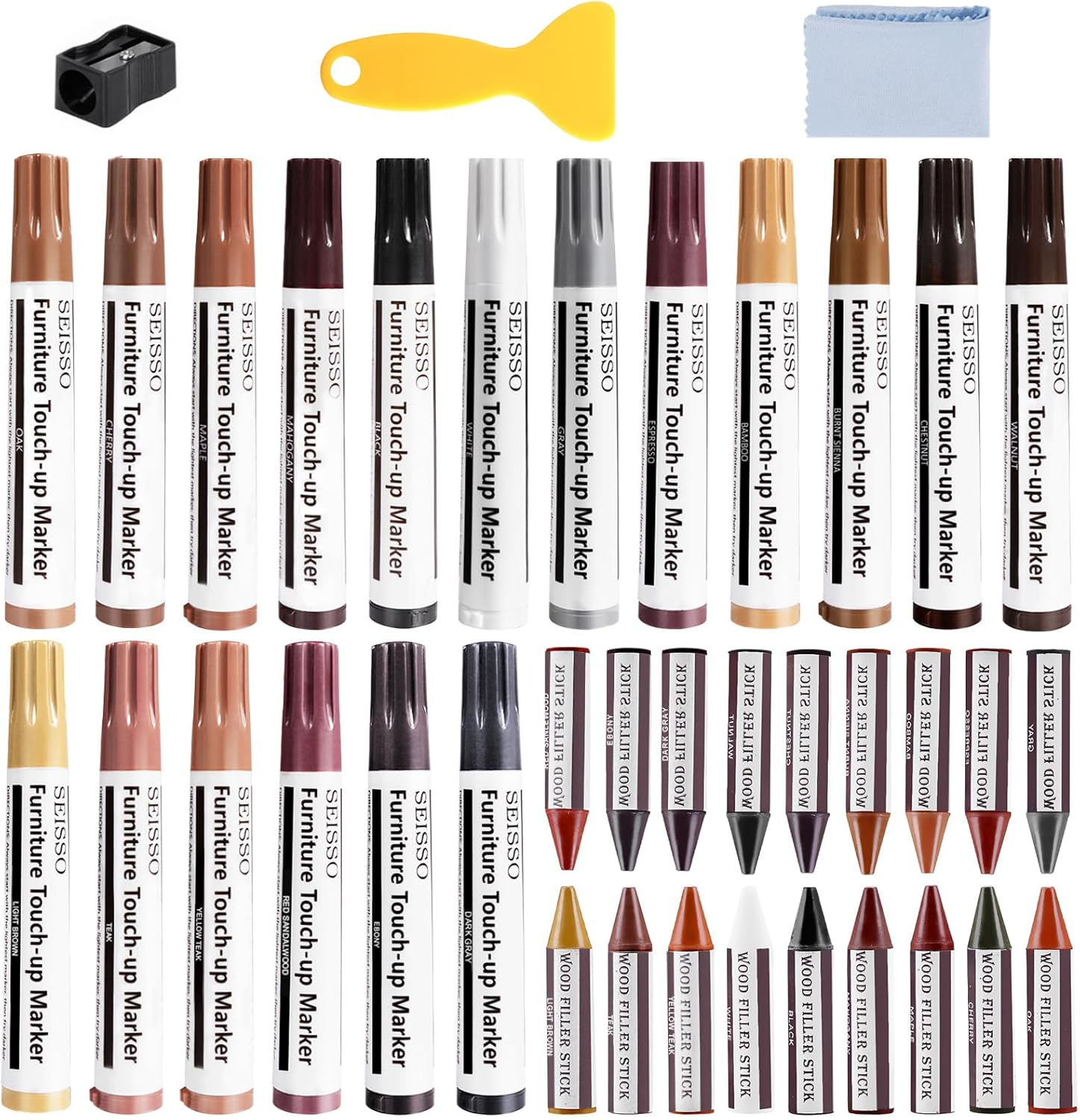 SEISSO 18 Colors Wood Filler Sticks ＆ Wood Markers Furniture Repair Kit - Set of 39 - Wood Floor Scratch Repair, Furniture Markers Touch up Restore Wood Floors, Tables, Holes, Laminate, Carpenters image number 1