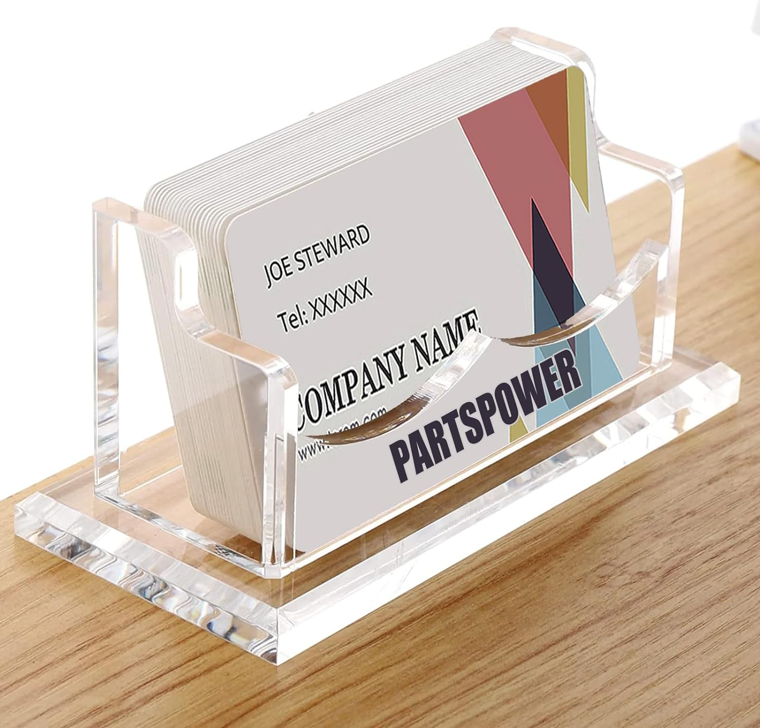 PARTSPOWER Acrylic Business Card Holder for Desk, Horizontal Clear Business Name Card Display Stand, Desk Accessory Business Name Card Organizer (Horizontal, 4-Slot)