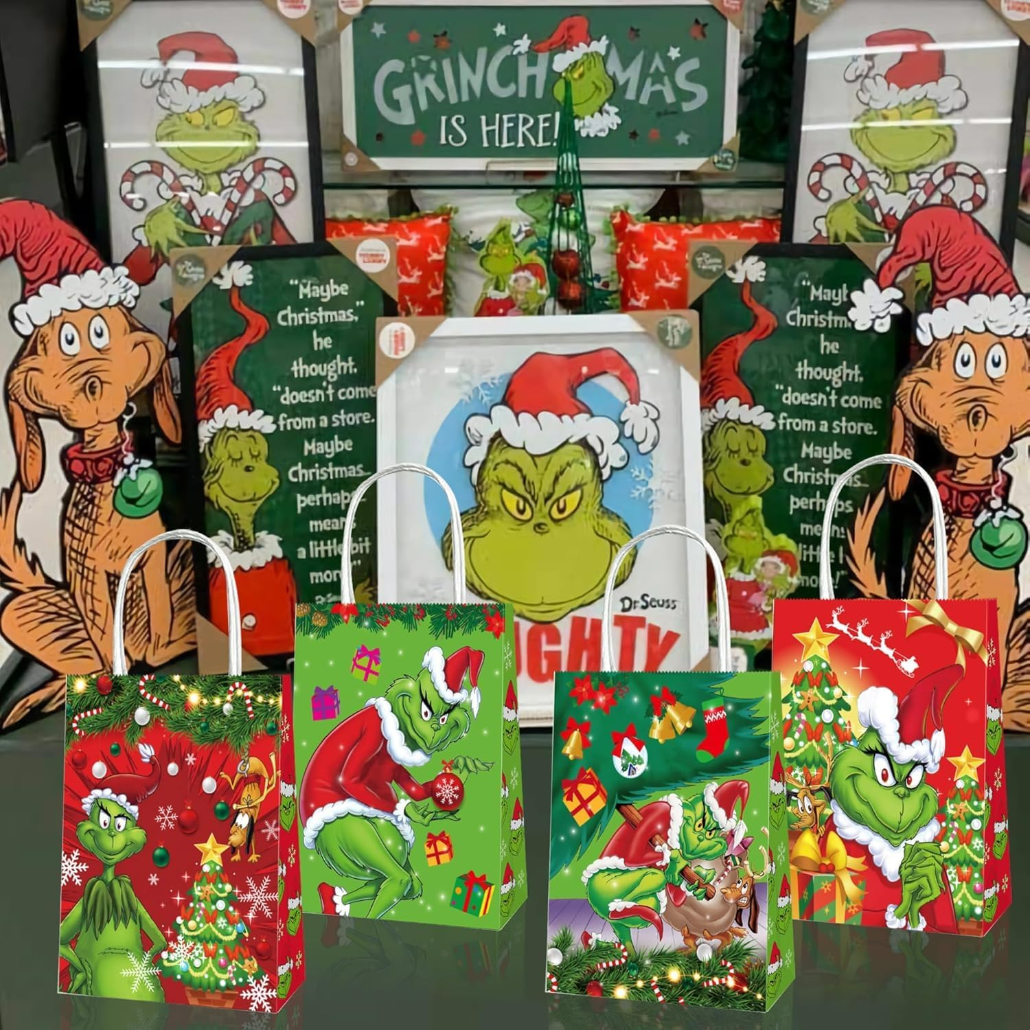 12PCS Christmas Party Gift Bags with Handles, Christmas Decorations Two Styles for Xmas Party Supplies Goodies Bag for Winter Holiday image number 1