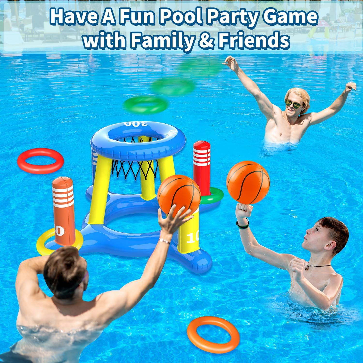 2-In-1 Pool Floats Toys Games Set, Inflatable Pool Basketball Hoop & Ring Toss Game, Summer Party Swimming Pool Toy for Toddler Kids Adults Family, Outdoor Poolside Water Toys for Boys Girls image number 3