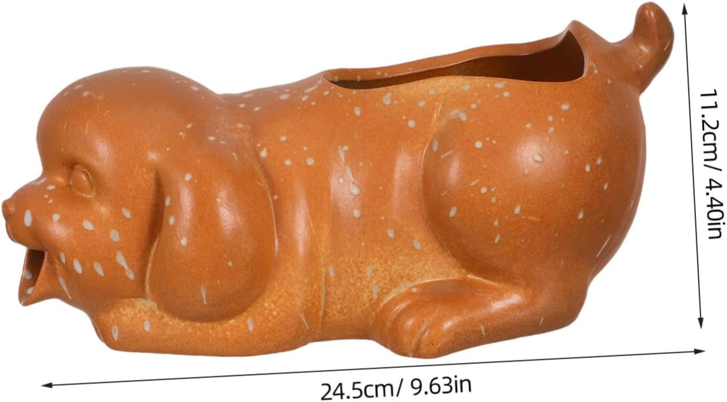 TEHAUX Ceramic Tabletop Fountain Spitter Dog Shape with Planter Indoor Outdoor Fish Tank Aquarium Decor Circulating Waterfall Jar for Greenery Cultivation and Interactive Water Feature - Khaki image number 6