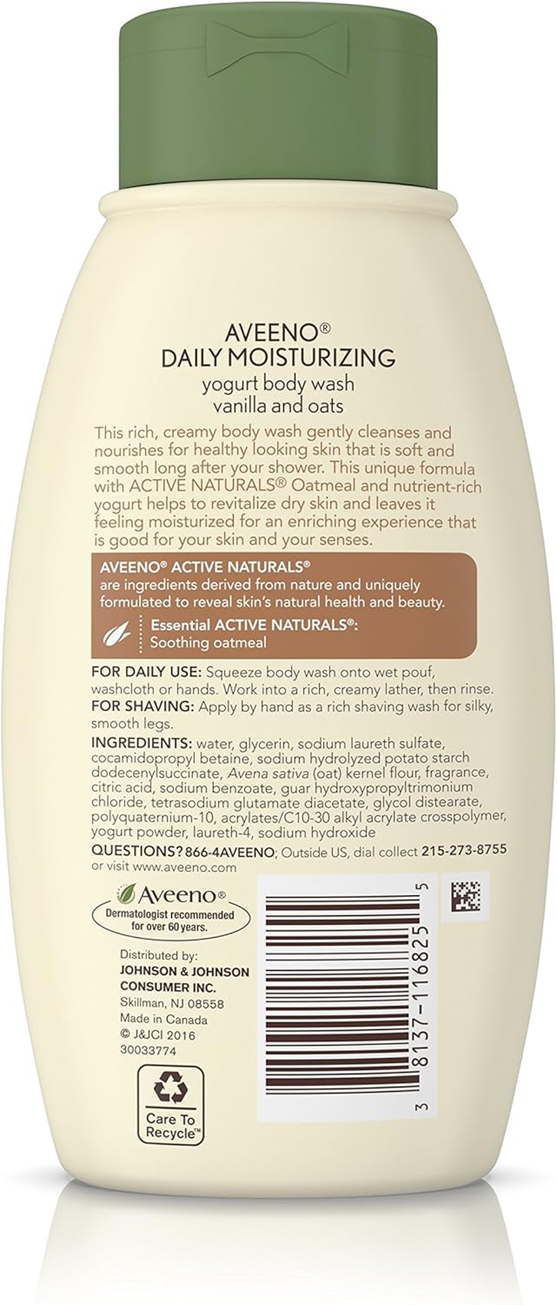 Aveeno Daily Moisturizing Yogurt Body Wash for Dry Skin with Soothing Oat & Vanilla Scent, Gentle Body Cleanser, 12 Fl. Oz (Pack of 3)