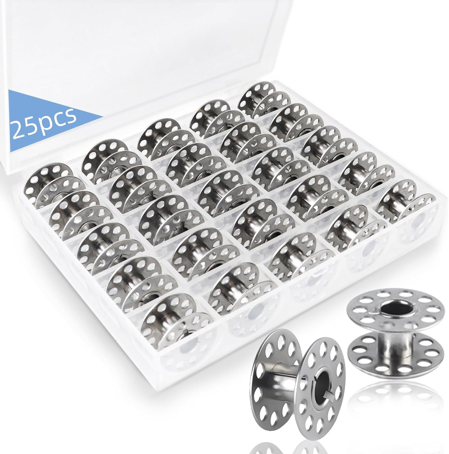 25 Pcs Metal Bobbins,Sewing Machine Bobbins Sewing Machine Accessories with Storage Box Class 15 Bobbins,Suitable for Singer Brother Bernina Kenmore Elna Babyloc Sewing Machine (Silvery) image number 4