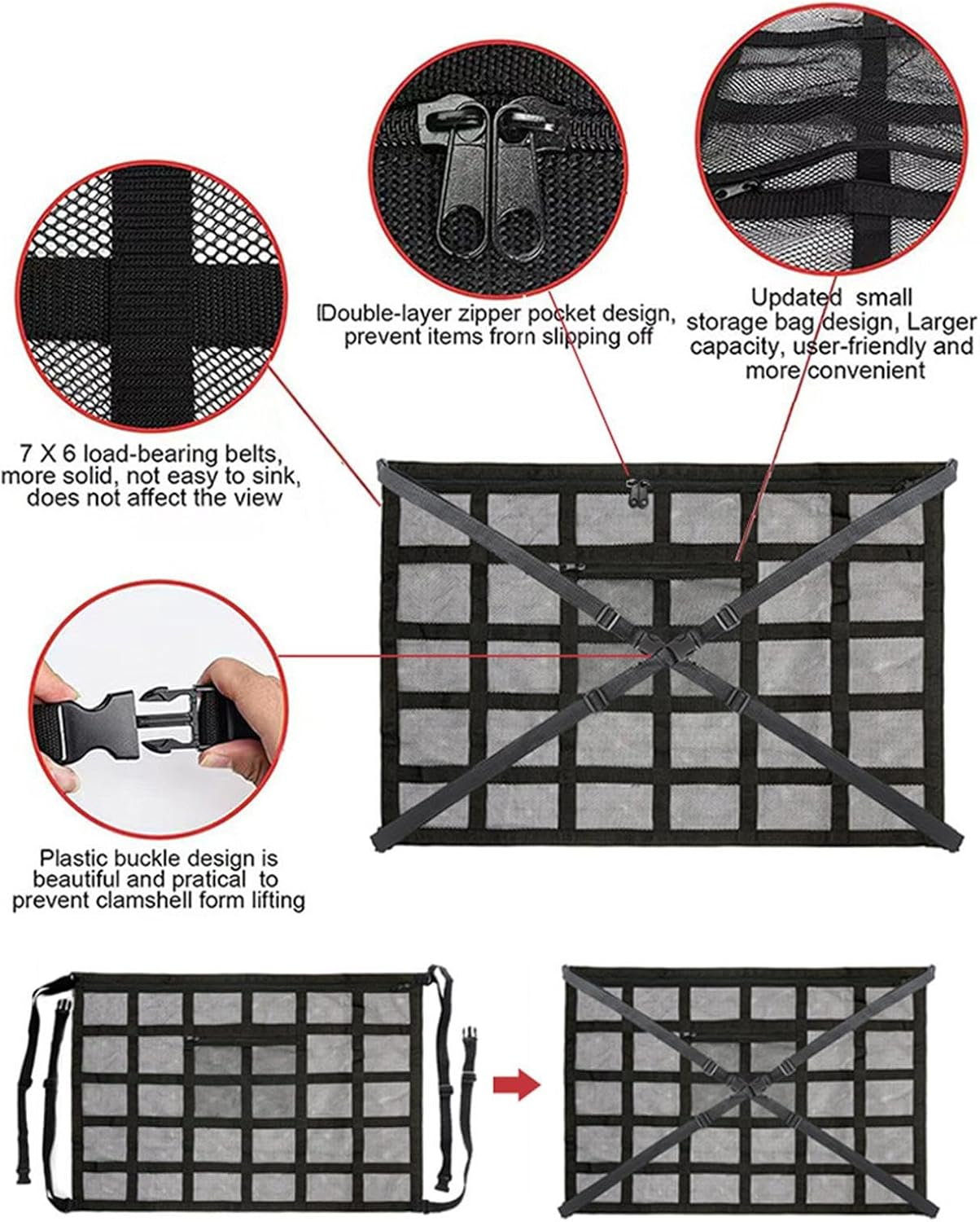 JMEDIC Car Ceiling Cargo Net - Large Capacity Roof Luggage Net Pocket - Black Nylon - Universal Fit - Hook Fastener - SUV, RV image number 6