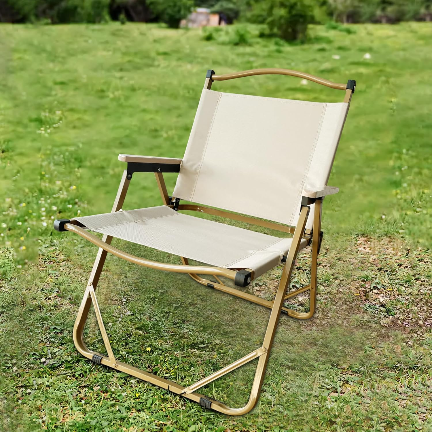 Folding Camping Chair - Lightweight, Portable & Sturdy with Wooden Armrests - Durable Outdoor Chair Camp Seat for Adults, Beach, Picnic, and Patio (Black)