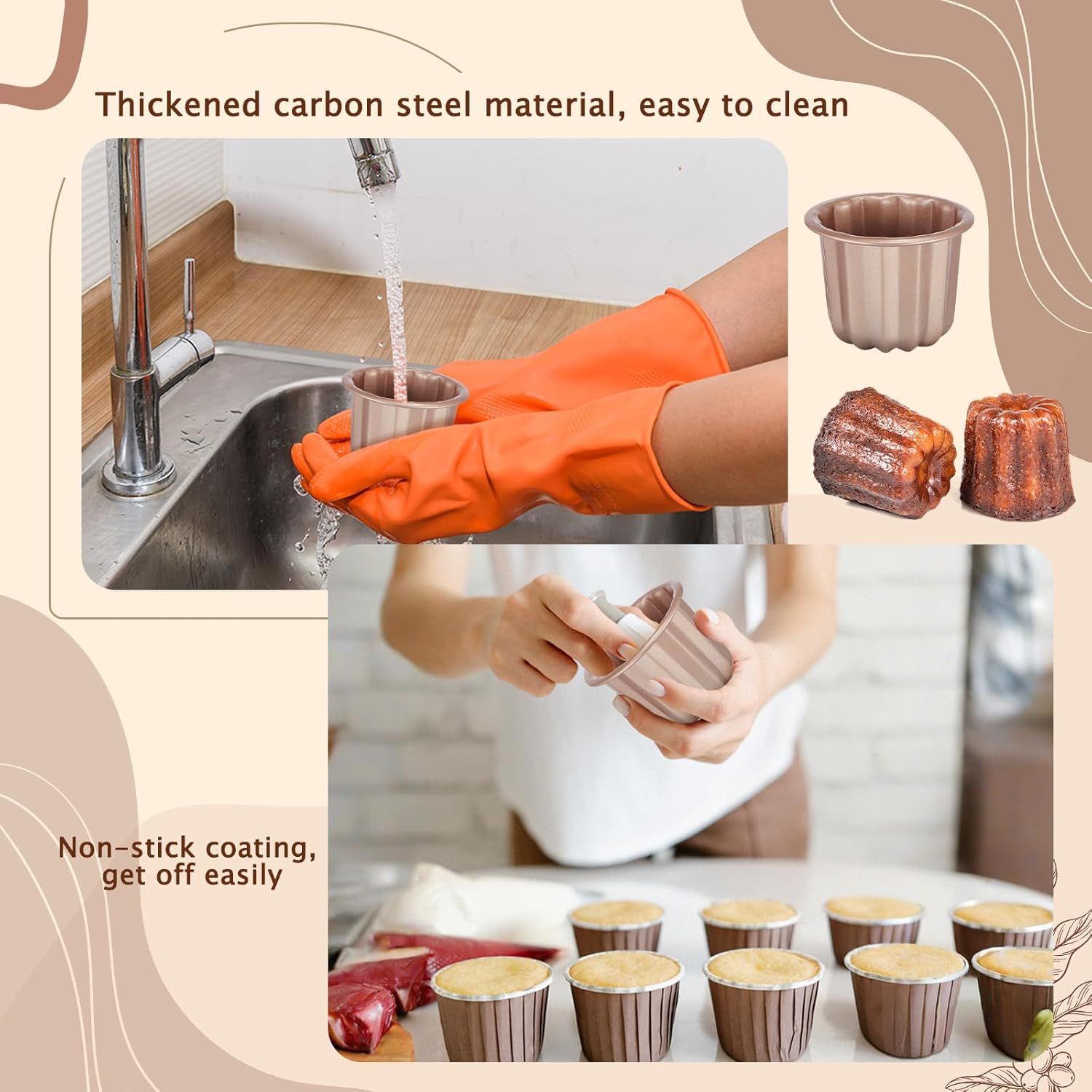 6Pcs Canele Mold Cake Pan Nonstick 2.9 Inch Canele Muffin Bakeware Cupcake Pan Carbon Steel Canele Pastry Molds Mini Cupcake Holders Cake Mold DIY Cake Muffin Baking Tool Decorating image number 1