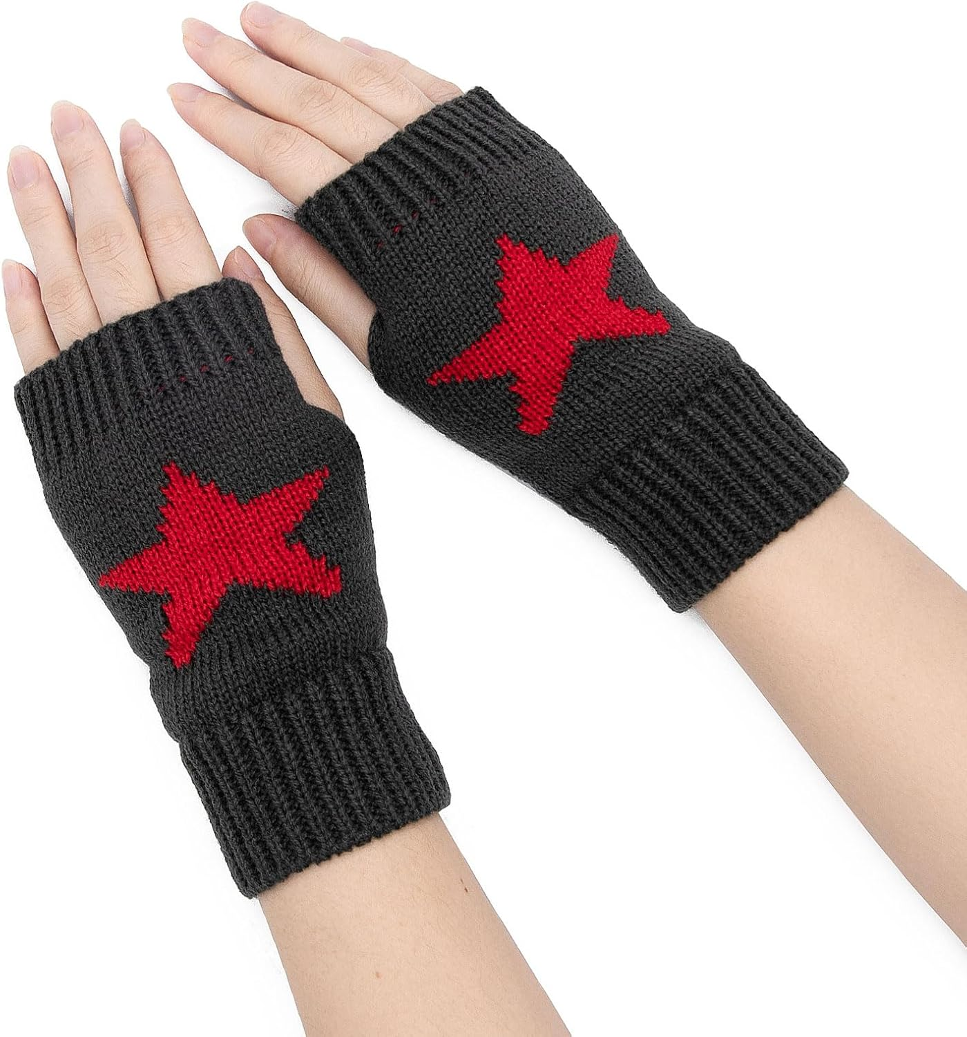 YAMEIZE Fingerless Star Printed Knitted Gloves - Wrist Warmers Mittens Knitted Gloves for Women Men Typing