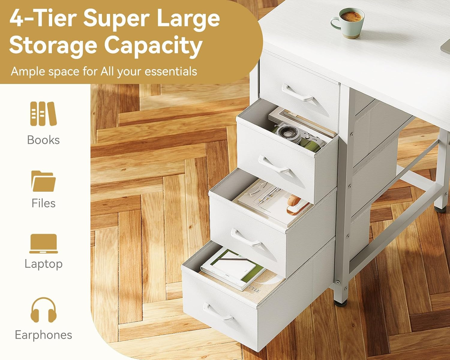 ODK 40Inch Computer Desk with 4 Fabric Drawers and 2 Storage Shelves,Reversible Office Desk with Headphone Hook & Metal Legs,Modern Study Table, Suitable for Home Office, 100 * 40 * 75.7, White image number 3