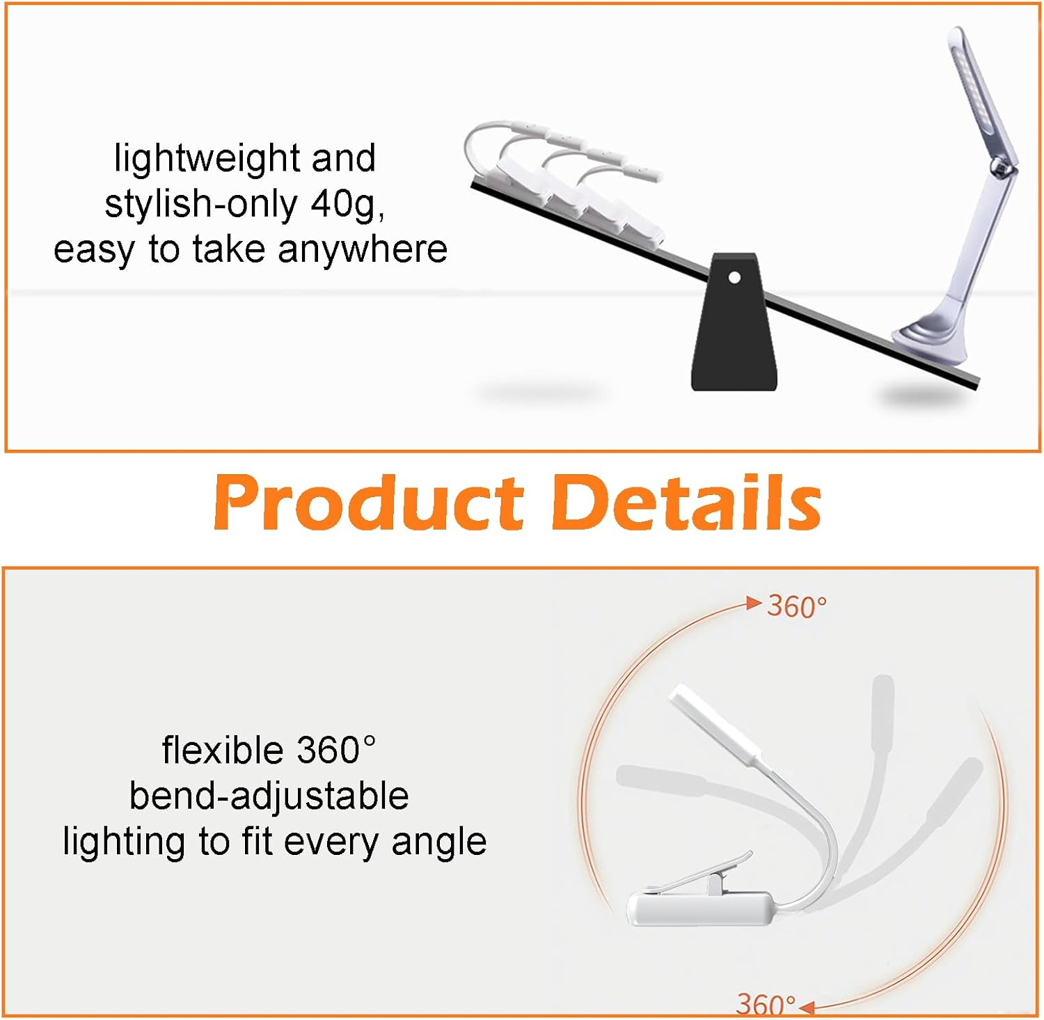 Zvorgath Clip-On Book Light - Battery Powered, Warm Eye Care Leds, Flexible, Durable, Dimmable, Perfect for Bookworms, Reading in Bed (Requires 2 AAA Batteries) image number 5