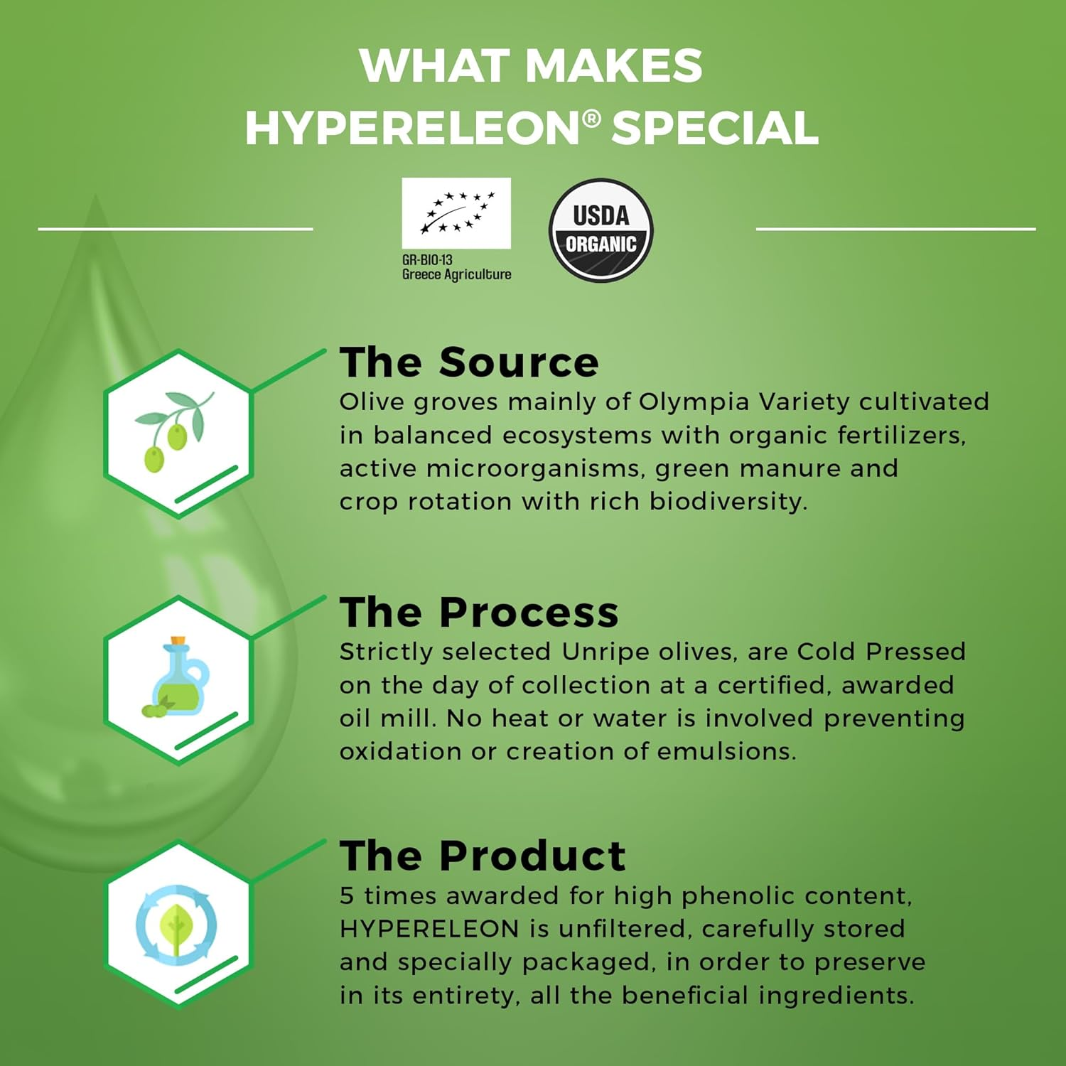 HYPERELEON Ultra Gold | Premium, Organic, Supremely Rich in Polyphenols, Greek Extra Virgin Olive 100% Pure & Natural | Bio & Unfiltered | 40 Top Global Health Awards | 260Ml (Pack of 1) image number 3
