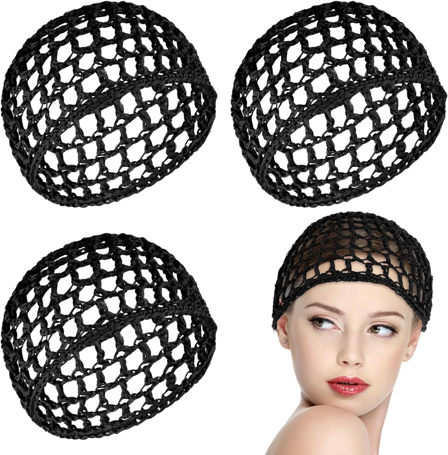 Wig Cap Hair Nets for Sleeping 3-Pack, Soft Crochet Mesh Bonnet & Wig Cap | Reusable Silk Press Wrap for Hair Protection & Styling Maintenance for Women (Black) image number 2