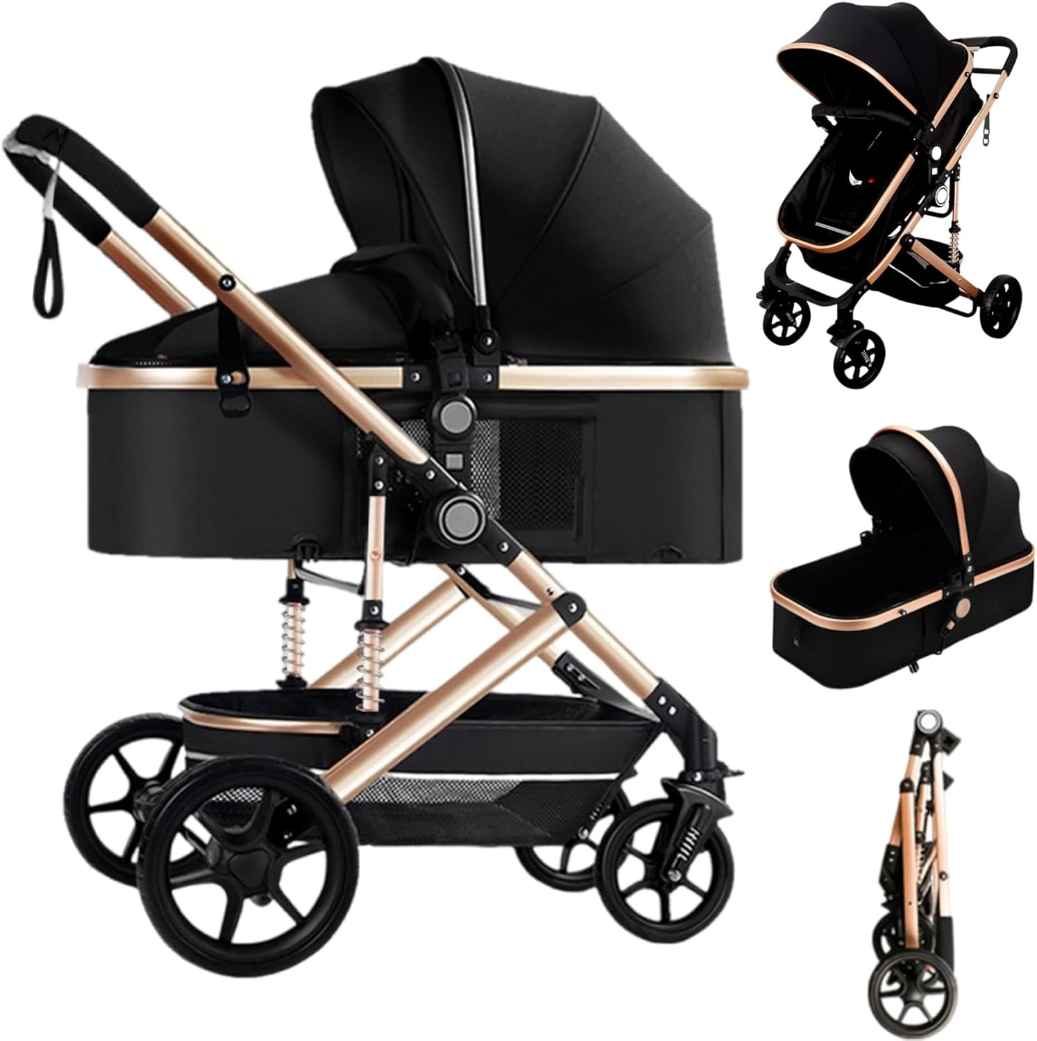 Winklestar Baby Stroller and Pram 3-In-1 Travel Pram with Bassinet, High-View Design, One-Hand Fold, 5-Point Safety Belt & Shock Absorption, 50KG Capacity, Includes Mosquito Net & Cup Holder (Black) image number 4