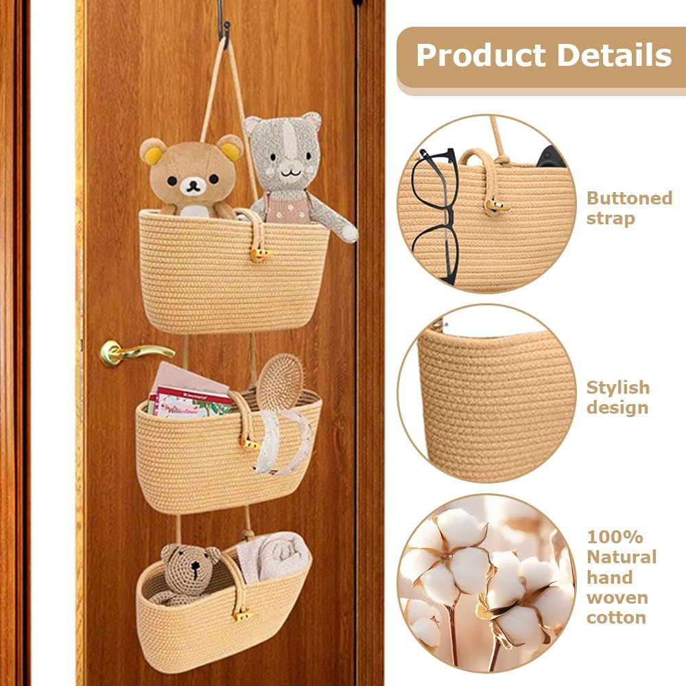 3 Tier Hanging Wall Basket with Hook/Cotton Basket,Door Hanging Basket Organizer & behind Door Wall Storage,Boho Nursery Decor for Living Room, Bathroom image number 1
