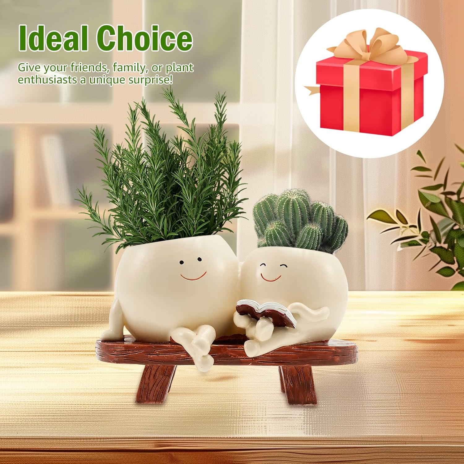 Smily Face Plant Pot, Cute Resin Double Head Planter with Drainage Hole, Novelty Design Chair Succuent Flower Pot, Modern Lady Head Vase Girl Face Planter, Desk Decor Planter for Home or Garden D&eacute;cor