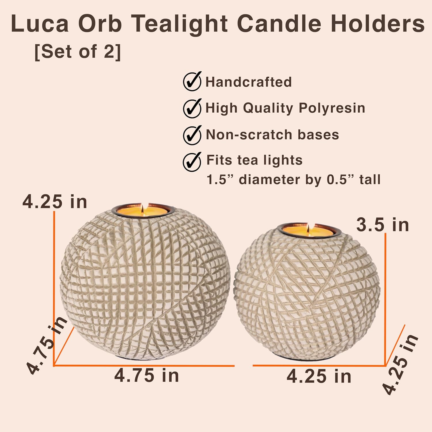 Huey House Luca Orb Candle Holders (Gift Boxed Set of 2), Table Centerpieces for Dining or Living Room, Spa, Bathroom, Kitchen Counter, Mantle or Coffee Table Decor (Grid Pattern) Beige and White image number 5