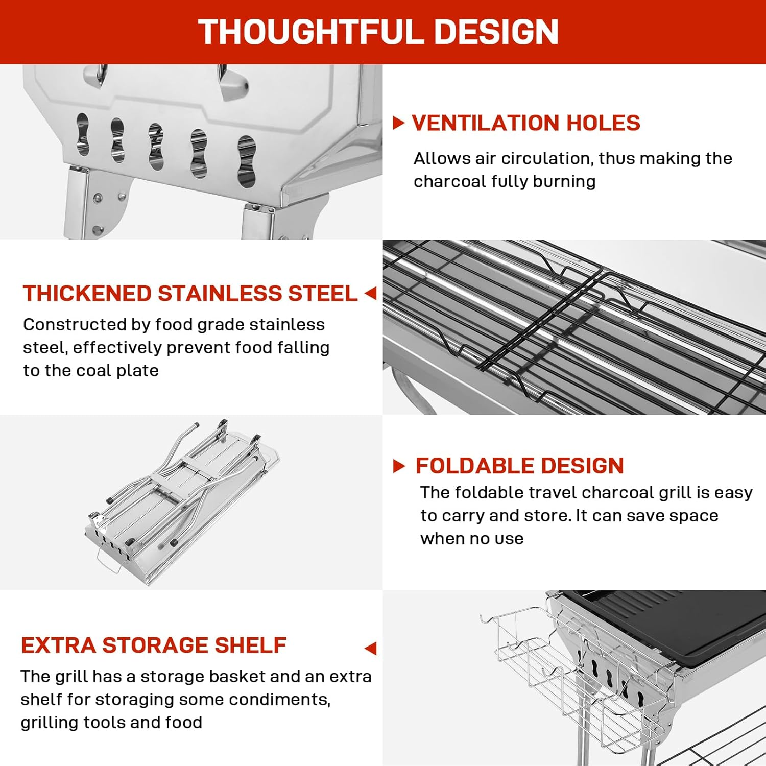 Large Stainless Steel BBQ Charcoal Grill, 39 X 12X 28" Portable & Foldable Barbecue Grill, Outdoor Patio Garden Heating Smoker for Cooking Camping Hiking Picnic Garden Beach Party image number 5