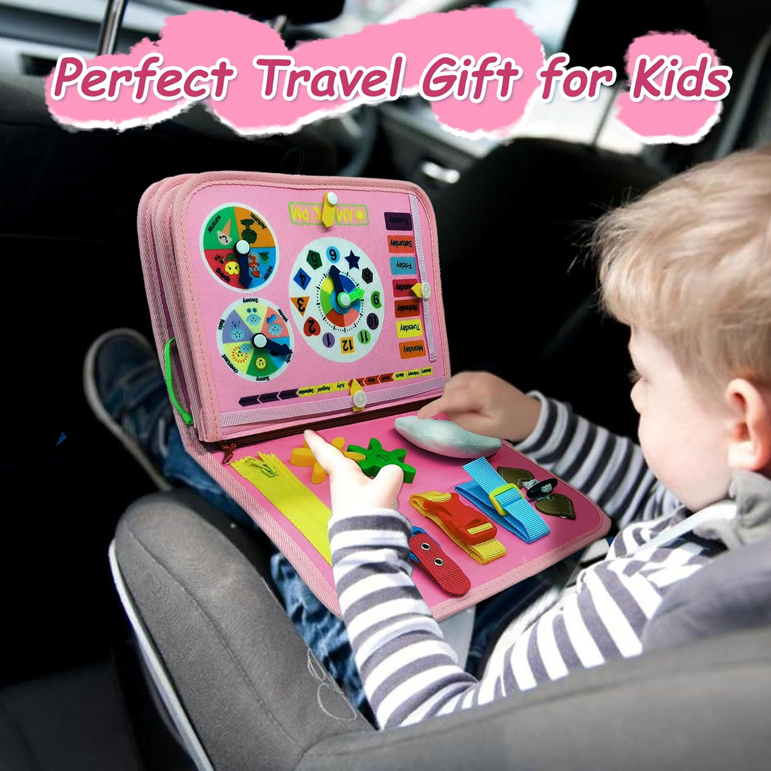 Busy Board Montessori Toys for Toddlers, 9 in 1 Busy Book Early Education Learning Travel Toy,Activity Sensory Board Book Preschool Toys for Boys Girls 1 2 3 4 Years Old (Pink Unicorn) image number 5