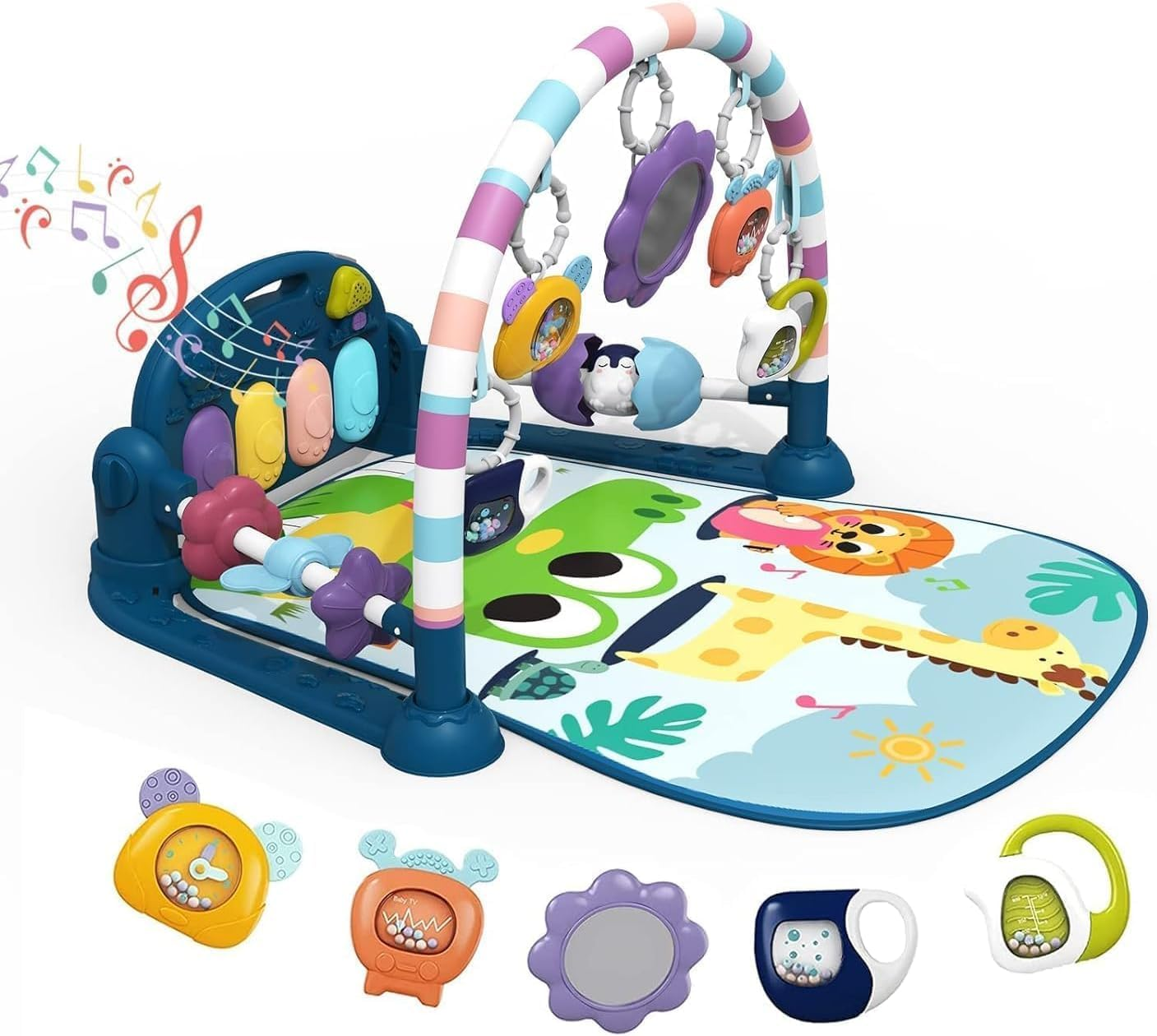 Veraste Baby Play Mat Baby Gym,Funny Play Piano Tummy Time Baby Activity Mat with 5 Infant Sensory Baby Toys, Music and Lights Boy & Girl Gifts for Newborn Baby 0 to 3 6 9 12 Months（New Blue）