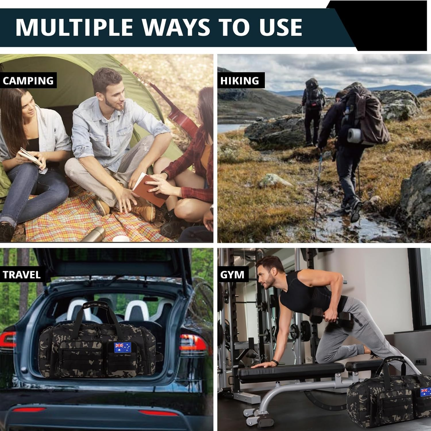 Tactical Gym Bag for Men，50L Large 3 in 1 Sports Duffle Bag with Shoes Compartment for Travel,Water Resistant Travel Backpack Weekender Overnight Bag with Wet Pocket for Women image number 3