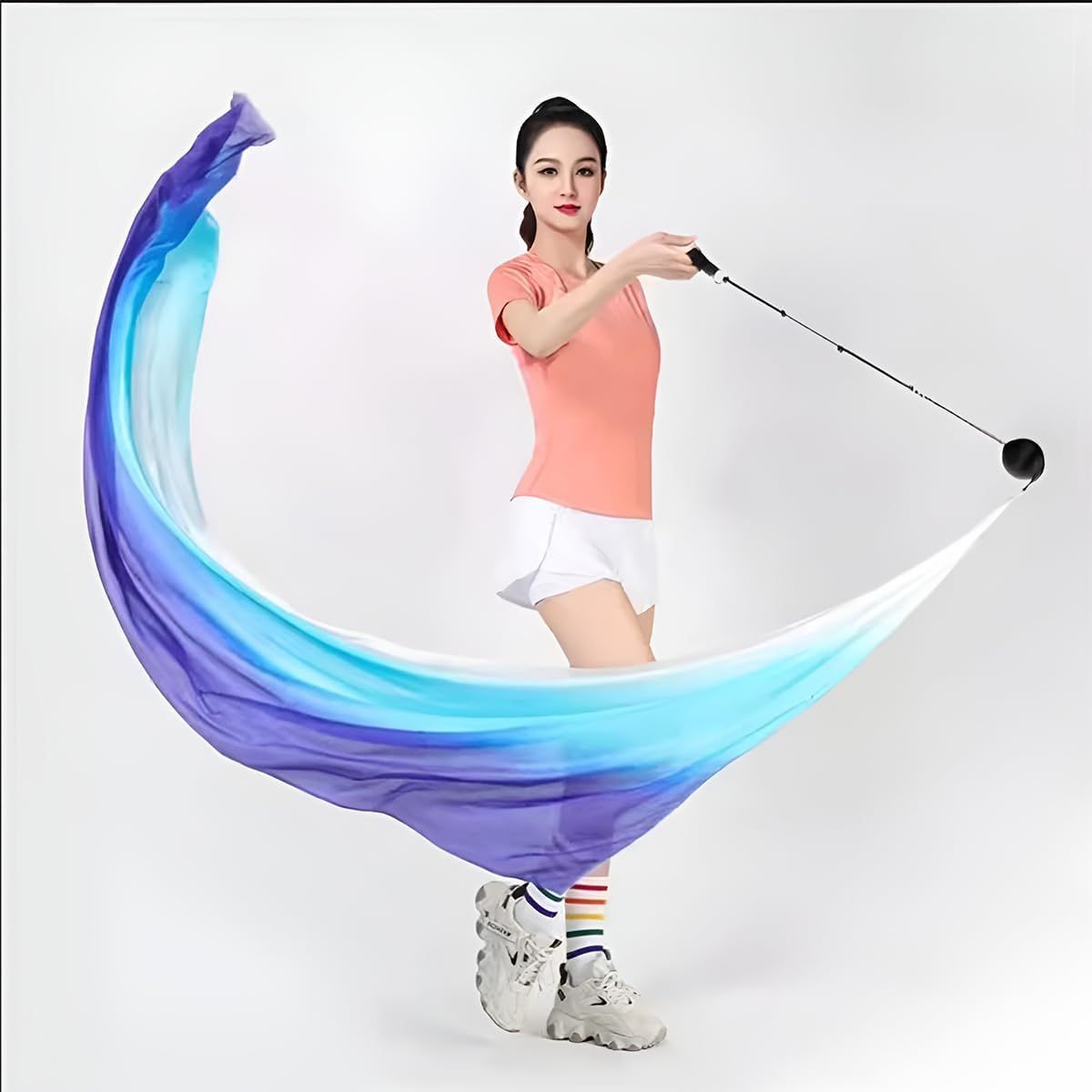 AIMALL 2-Pack Dance Silk Veil Poi Flags, Colorful Silk Belly Dance Scarves with Poi Balls for Dance Sports ，Black