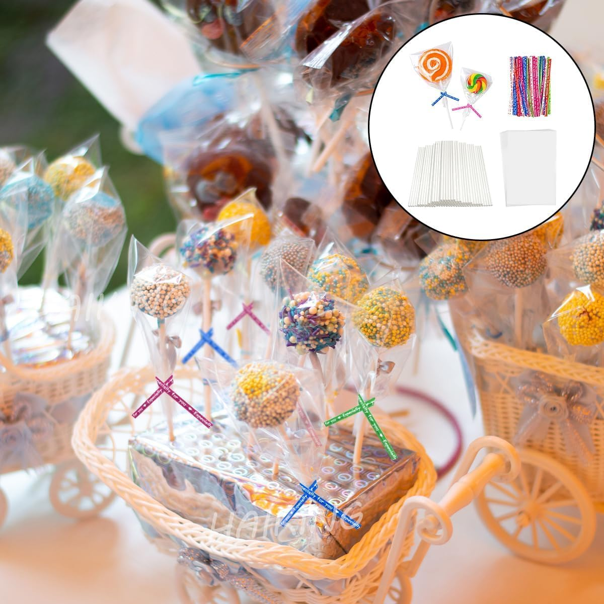 Wzenclave 300 Pcs Cake Pop Sticks and Wrappers Kit, 6-Inch Paper Lollipop Sticks, Clear Candy Treat Bags Parcel, Color Twist Ties for Cakepop, Lollipop, Hard Candy, Suckers and Chocolate(8 * 12Cm)