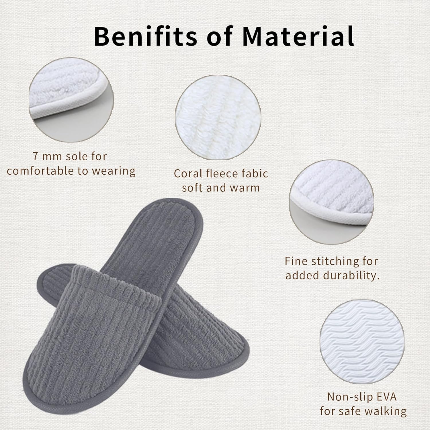 HJORZMM Disposable Slippers for Guests, 10 Pairs Coral Fleece Hotel Slippers, Non Slip SPA Slippers Unisex, Washable Reusable Slippers for Hotel, Guest,Travel, Bride, Women and Men - Grey image number 4