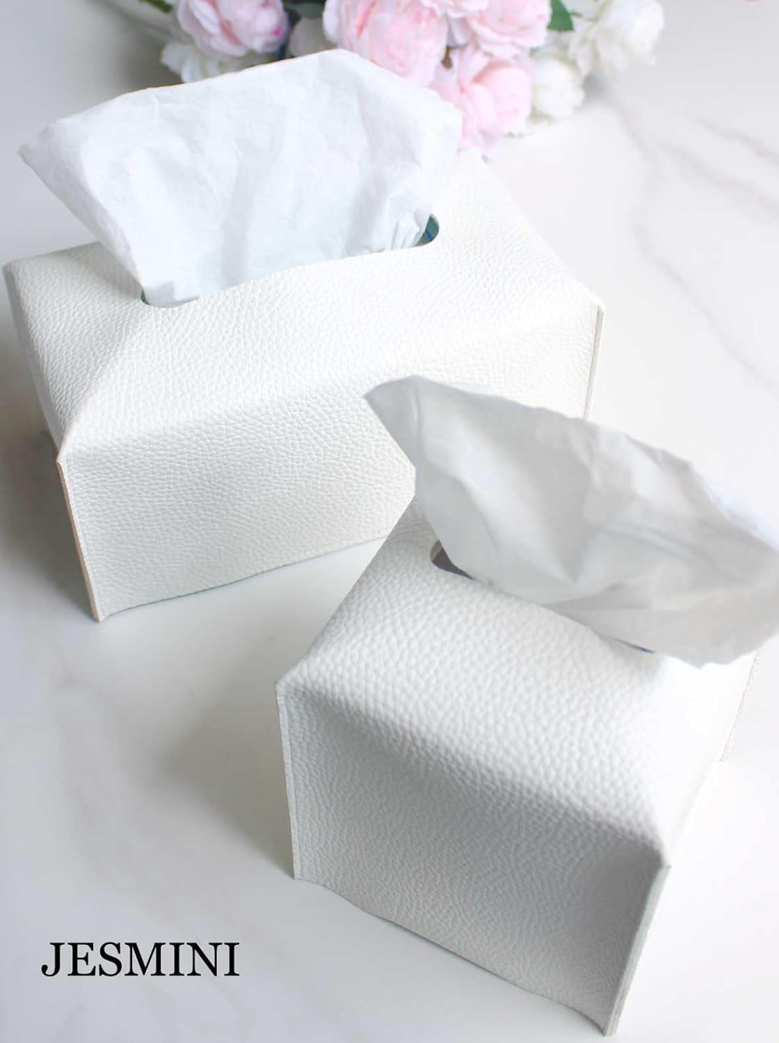 Tissue Holder White Tissue Box Cover &ndash; Square Leather Tissue Cover Box with Bottom Belt by Decorative Tissue Box Holder for Modern Home Office Decor image number 5