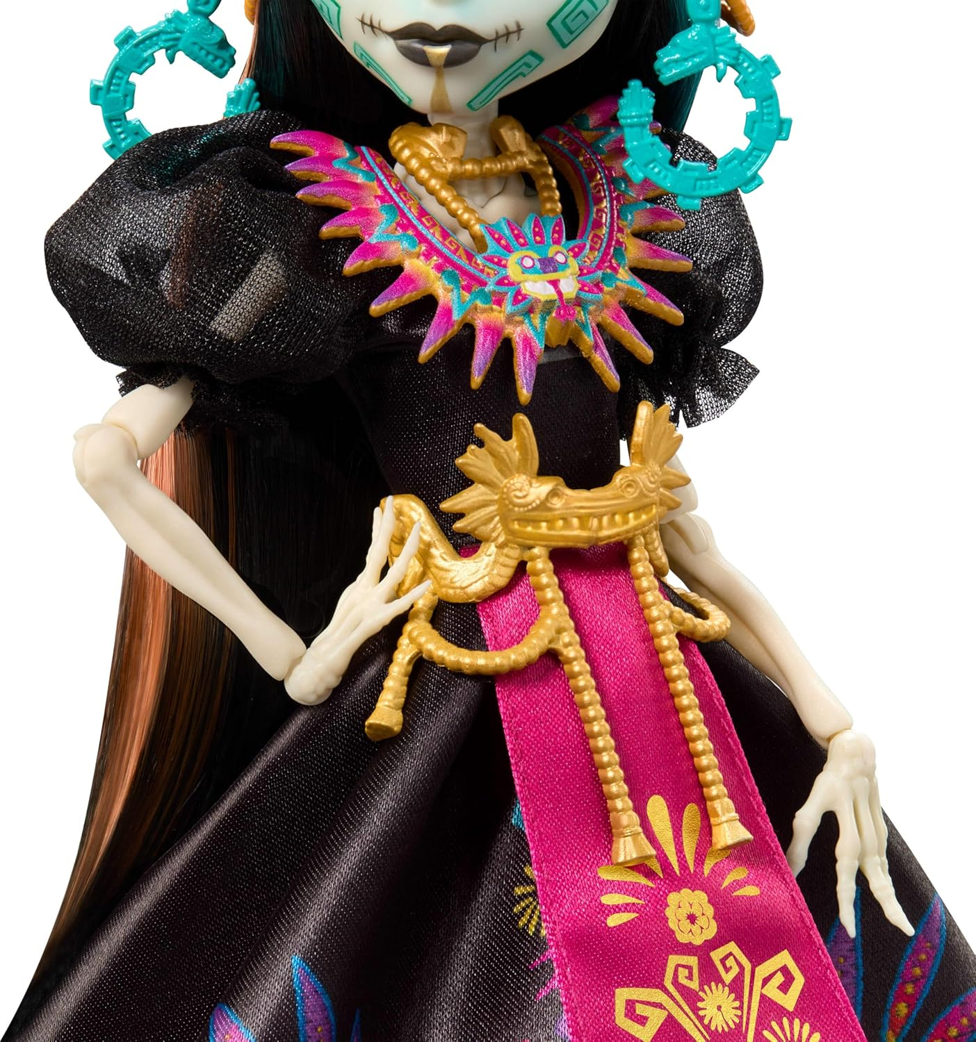Monster High Doll, Skelita Calaveras D&iacute;a De Muertos 2025 Collectible, Aztec-Inspired Gown with Vibrant Accessories like Headdress and Necklace image number 5