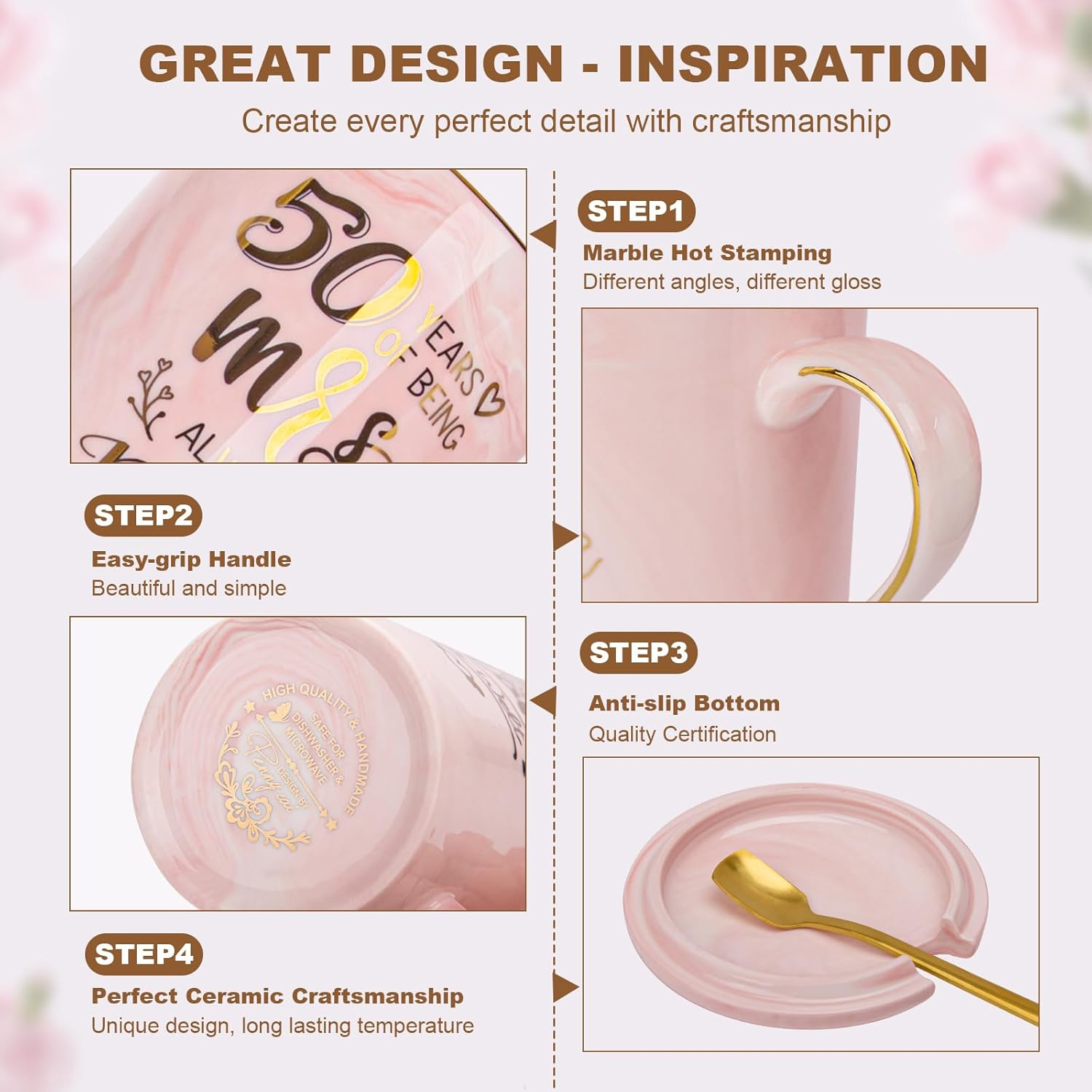 ALBISS 50Th Wedding Anniversary Coffee Mugs Set - 14Oz Golden 50Th Anniversary Cup Gifts for Couples, Parents, Grandparents, Grandpa, Grandma - 50Th Anniversary Decorations Mug in Pink and Grey, Boxed image number 1