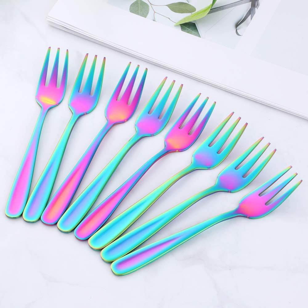 BISDARUN Dessert Forks Stainless Steel Small Cake Forks Fruit Forks 8-Piece Rainbow Length 13.6 Cm / 5.35 Inches