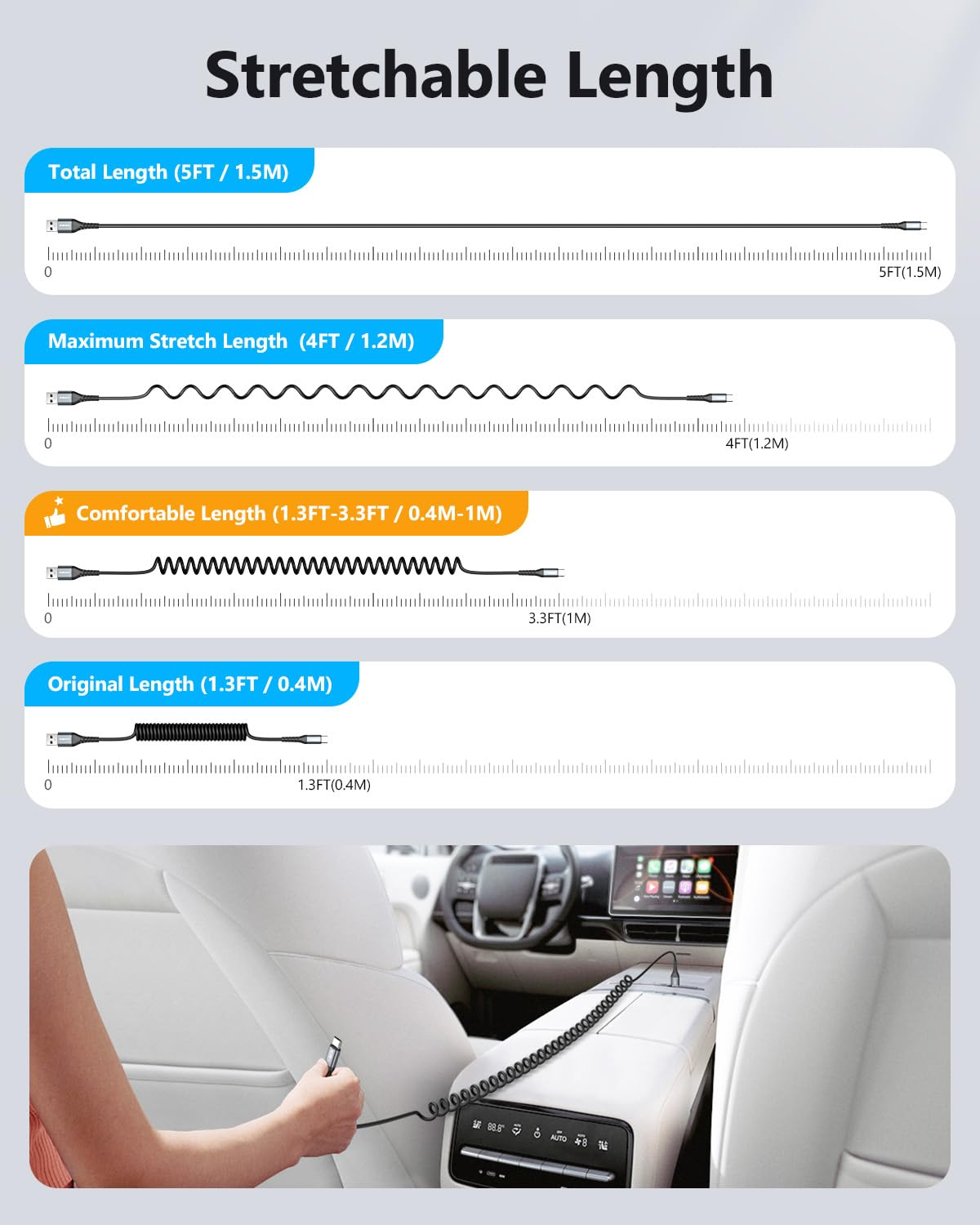 SUNGUY Coiled USB C Cable, 1Pack 1.5M【Recommended Stretch Length: 0.4-1M】 USB to USB-C Cable and Data-Cable for Android Auto, Carplay, Iphone 17/16/15 Series, Galaxy S24 Ultra, Pixel, Xiaomi - Grey image number 2