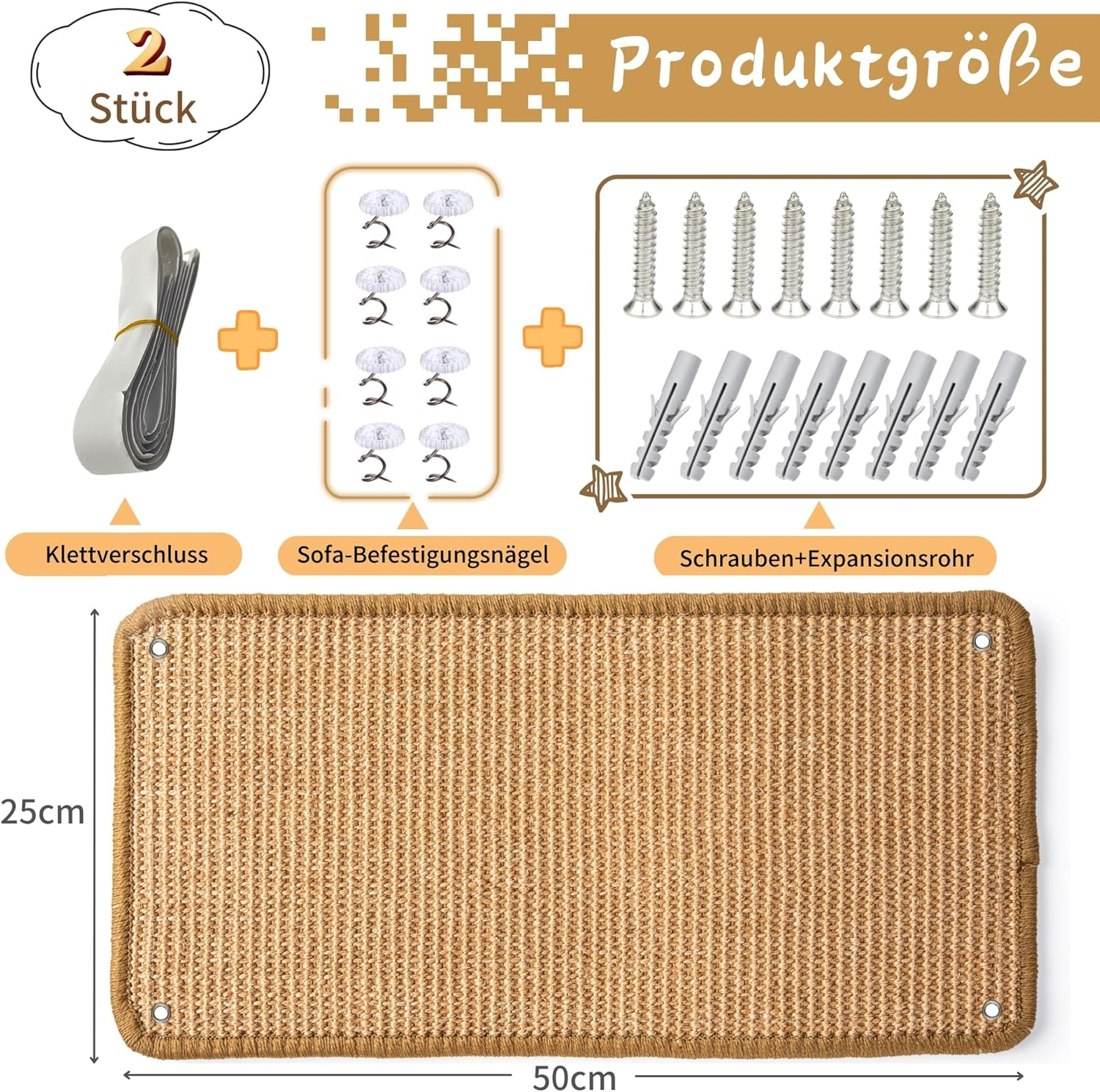 2-Piece Cat Scratching Mat Sisal Cat Scratching Mat for Cats with Adhesive Tape Cat Scratching Mat 50 &times; 25 Cm (Brown) image number 5