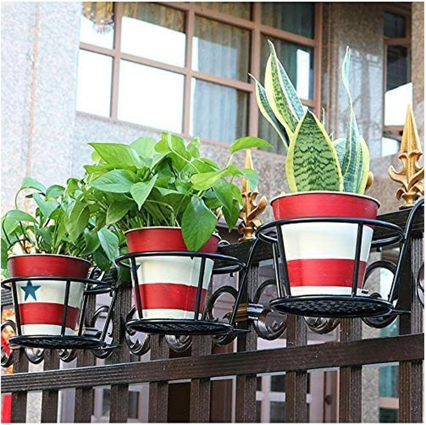 Taicols 4 Pcs Iron Metal Railing Flower Pot, Balcony Iron Plant Stand Railing Hanging Planter Holder for Fence Planters & Hanging Plants,Durable Steel Structure & Decorative Design, Indoor & Outdoor image number 5