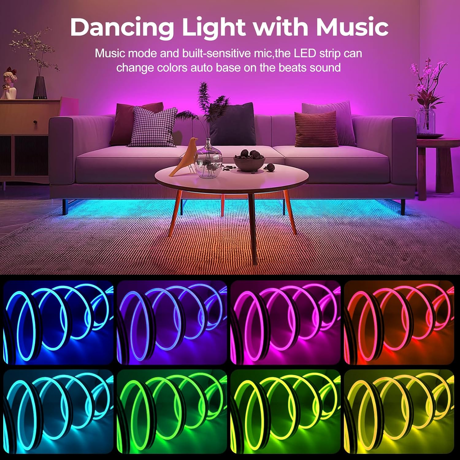 5M Bluetooth Neon LED Strips Lights Waterproof,Aled LIGHT 24V RGB Flexible Neon Rope Lighting Kit Music Sync Adjustable Brightness Modes Timer with App&44-Key Remote Control for DIY Home Decor image number 4