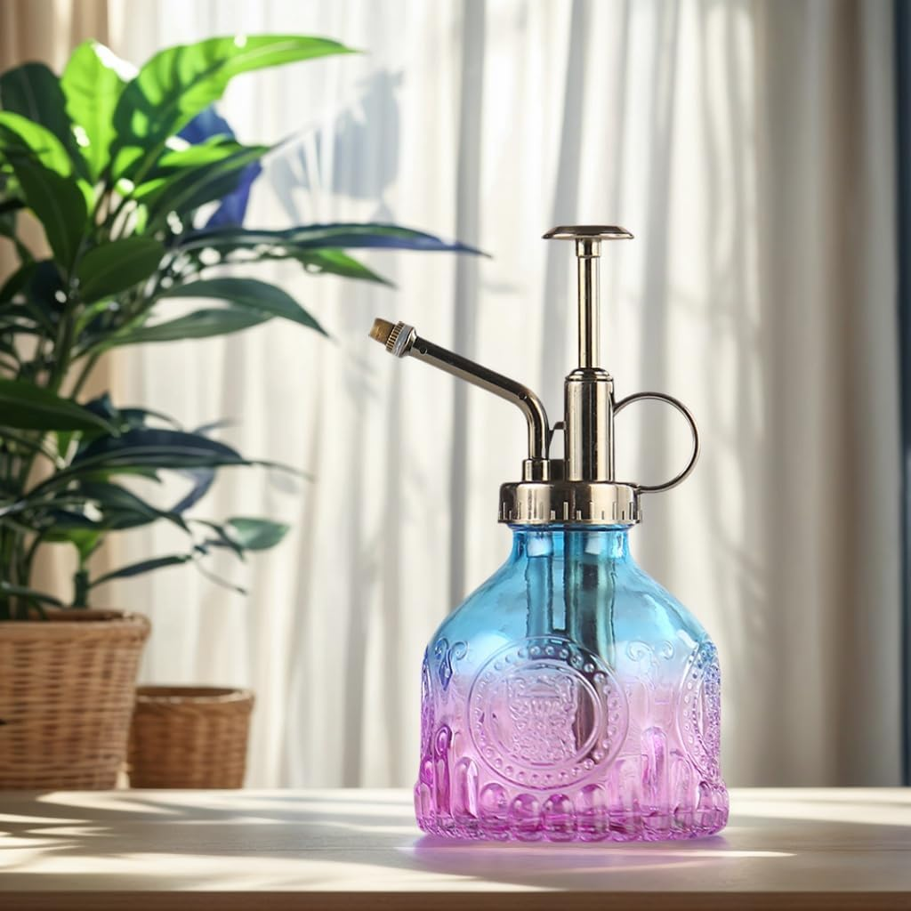JZS Glass Plant Mister Spray Bottle, Vintage Plant Spritzer, Succulent Watering Can with Top Pump for Indoor and Outdoor Plants, Blue Purple Gradient