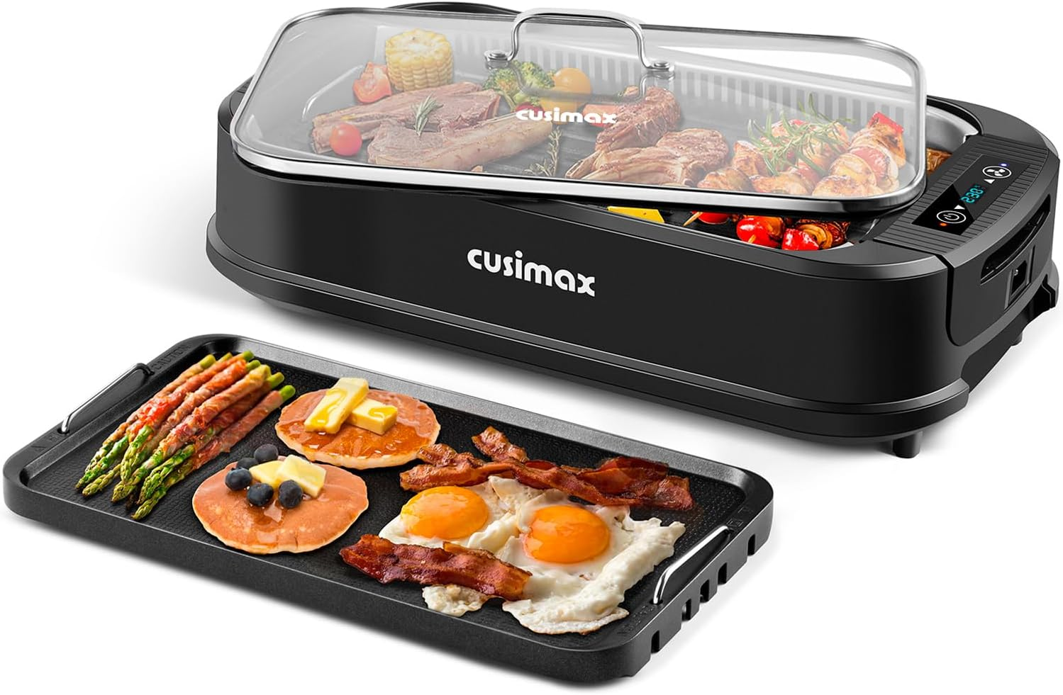 CUSIMAX Indoor Grill with Double Grill Plates, 1500W Electric Smokeless Grill with LED Smart Display & Tempered Glass Lid, Non-Stick Removable Grill & Griddle Plate, Easy to Clean image number 5