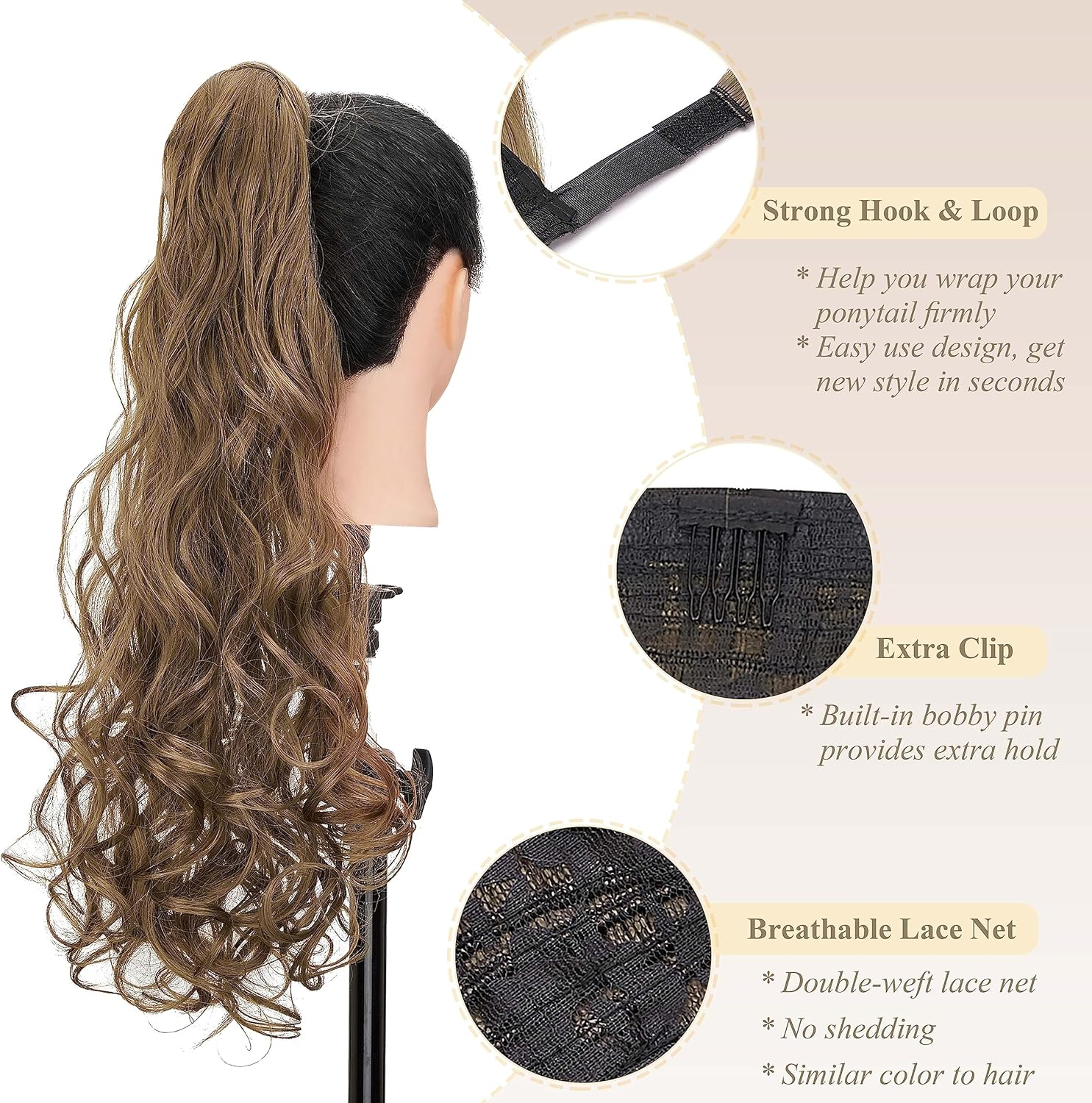 Gairyan Clip in Ponytail Extensions 24 Inch Golden Brown Hair Extension Long Curly Wave Ponytail Wrap around Pony Tails Synthetic Hairpiece for Women Natural Looking