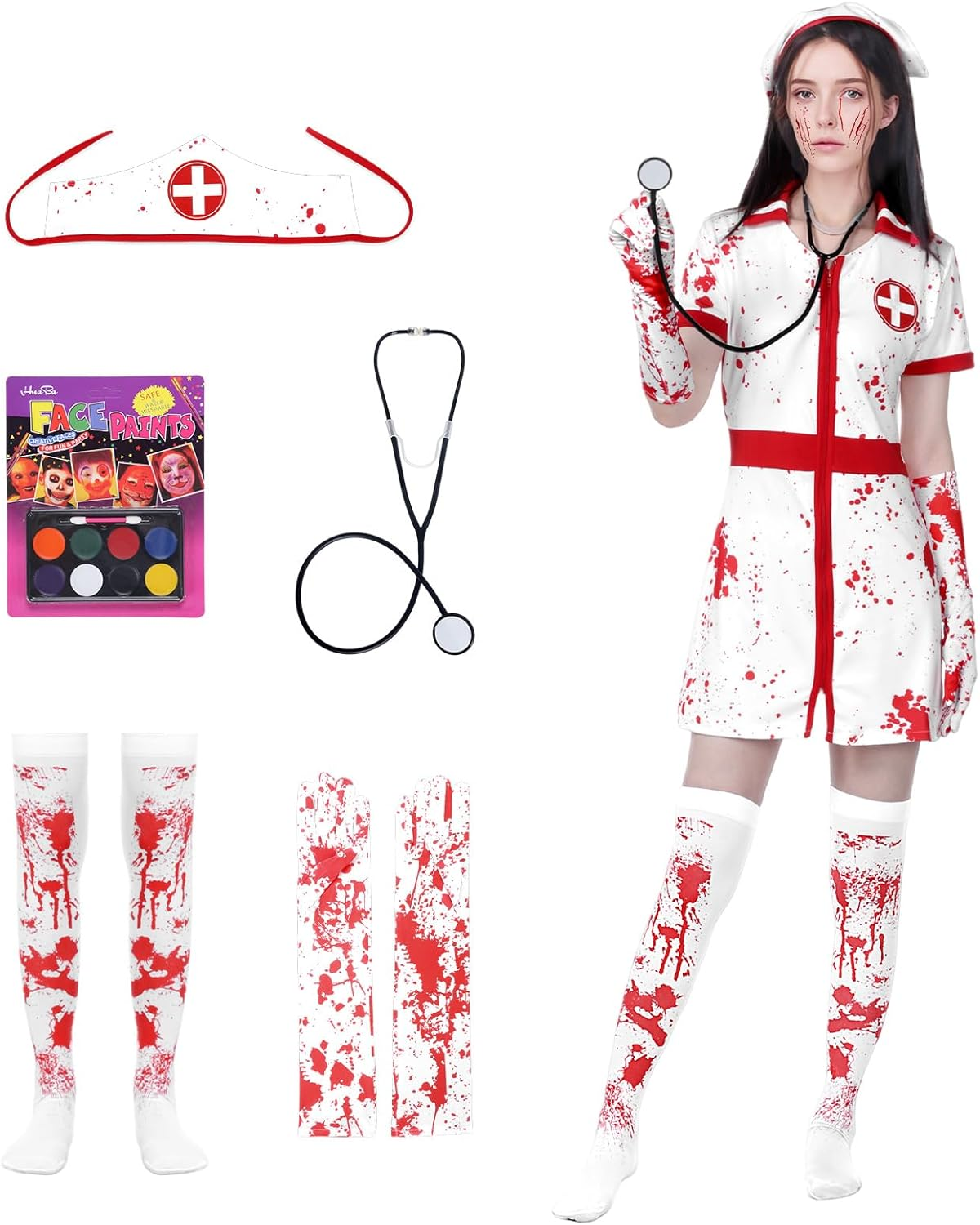 Halloween Bloody Nurse Dress with Hat Costume image number 4