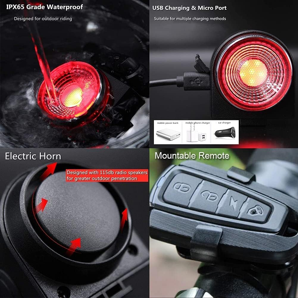 G Keni Bike Tail Light Rechargeable, Anti-Theft Alarm, Warning Electric Horn, Bike Finder/Tracker with Remote, IPX5 Waterproof Electric Mountain Bike Accessories image number 5