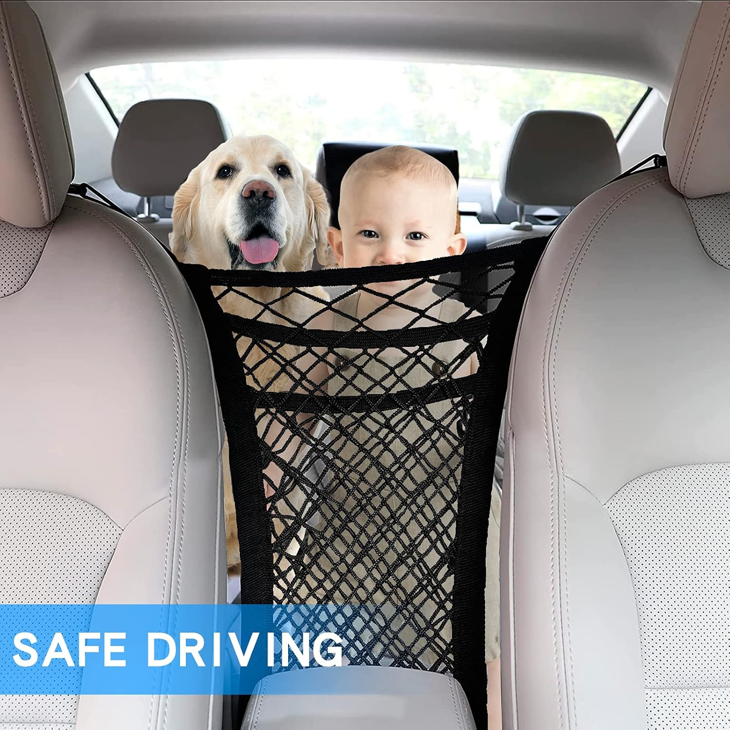 Universal Elastic Mesh Net Trunk Bag, 3-Layer Car Seat Net Car Mesh Organizer Dog Trunk Net Barrier Seat Back Net Bag Barrier of Backseat Kids Cargo Tissue Purse Holder image number 3