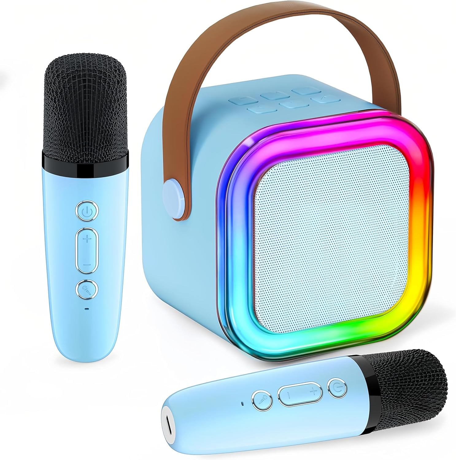 Mini Karaoke Machine for Kids, Birthday Gifts Toys for Girls Boys Friends Age 3-12+, Portable Bluetooth Speaker with 2 Wireless Mics, Karafun Premium Songs Family Home Party (Blue)