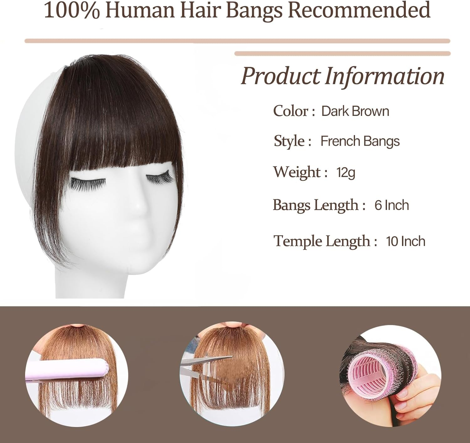 YBYMCAI Clip in Bangs - Dark Brown Human Hair French Curtain Bangs for Women - Clip on Bangs with Temples - Wig Hair Extensions for Daily Wear image number 6