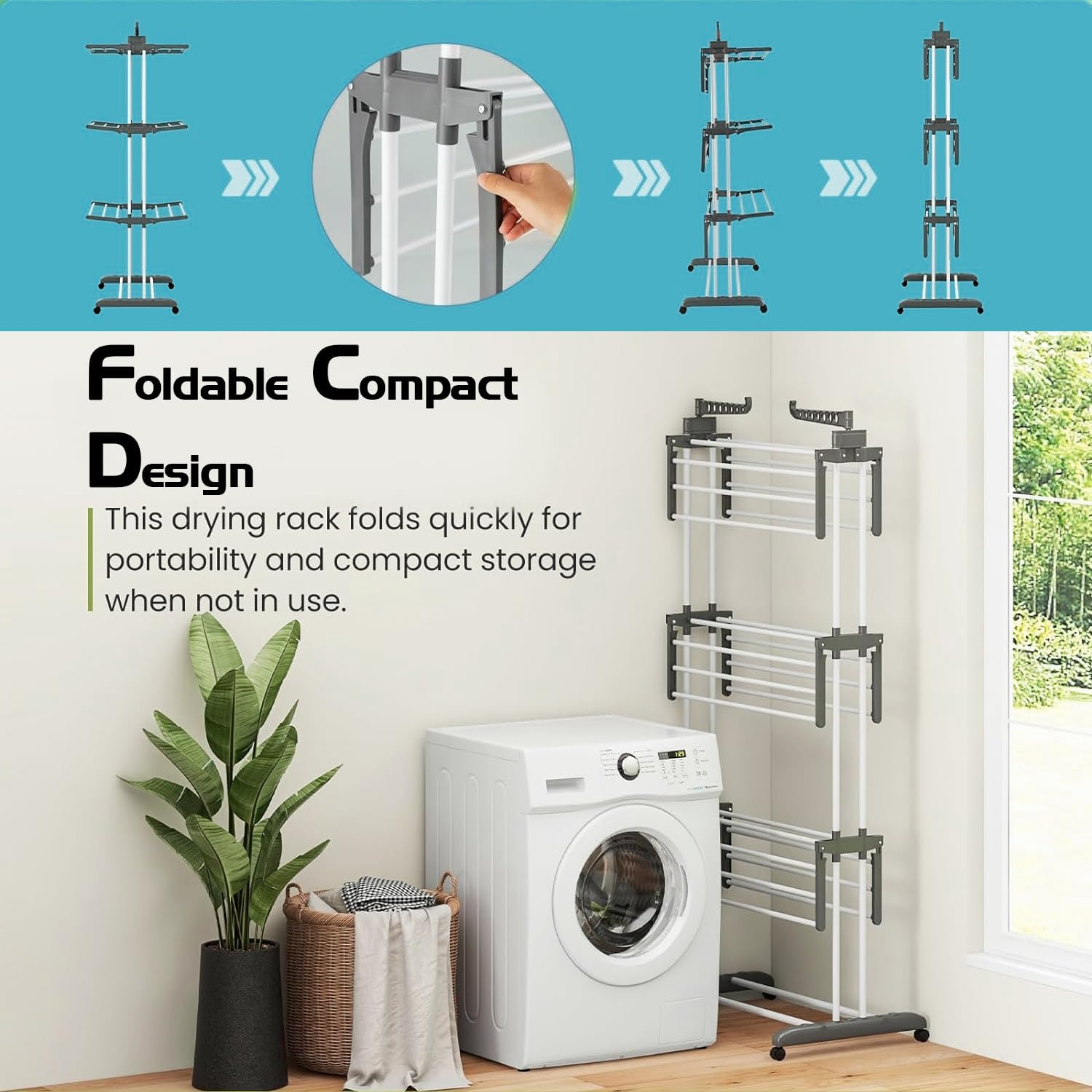 Yuedefly Professional 4 Tier Foldable Clothes Drying Rack, Clothes Airer, Drying Rack, Clothes Rack, Adjustable Large Stainless Steel Laundry Rack for Indoor and Outdoor Use, Grey image number 6