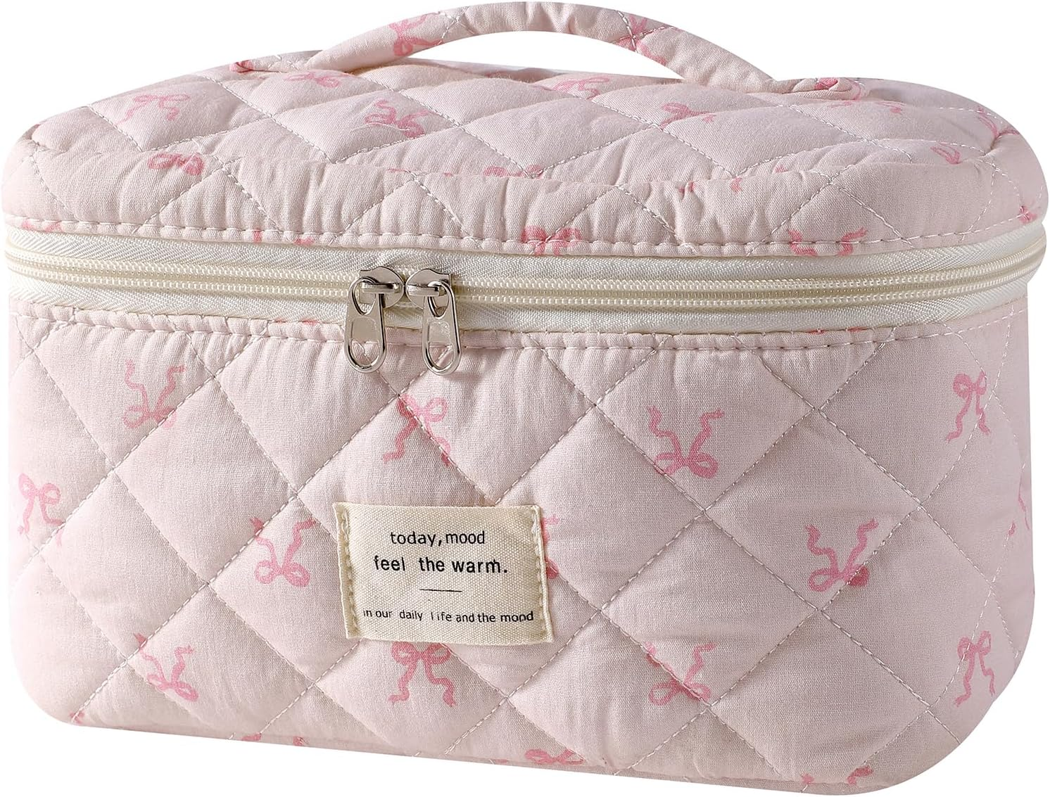 Large Quilted Makeup Bag for Women and Girls, Cute Coquette Floral Cotton Cosmetic Bag, Aesthetic Travel Organized Toiletry Bags, 3Pcs Pink Bows