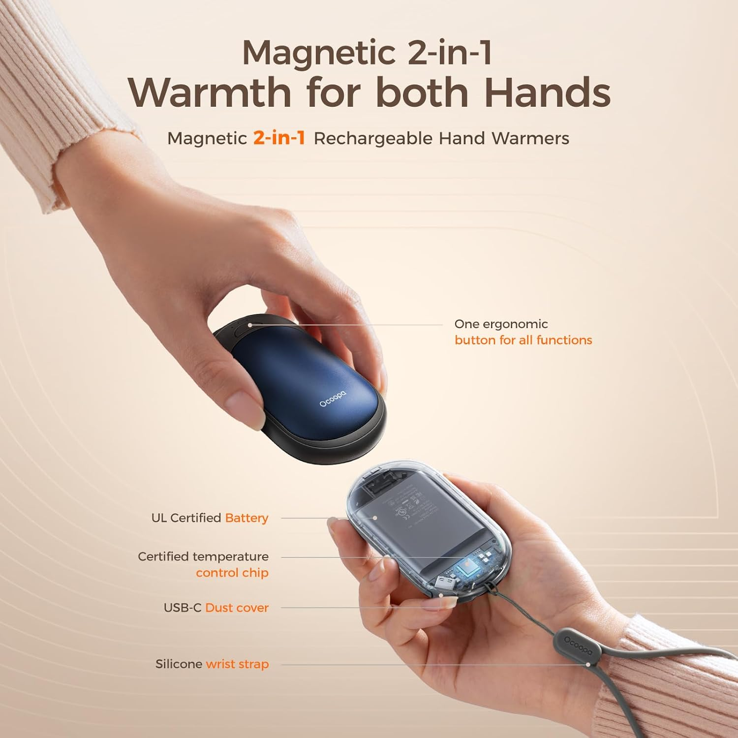 OCOOPA 2In1 Magnetic Rechargeable Hand Warmers 2 Pack, Electric Hand Warmer, Pocket Battery Operated Heater, UL Certified, 3 Heat Settings, Tech Gifts for Men,Purse Must Haves, Essentials, UT3 Lite image number 1
