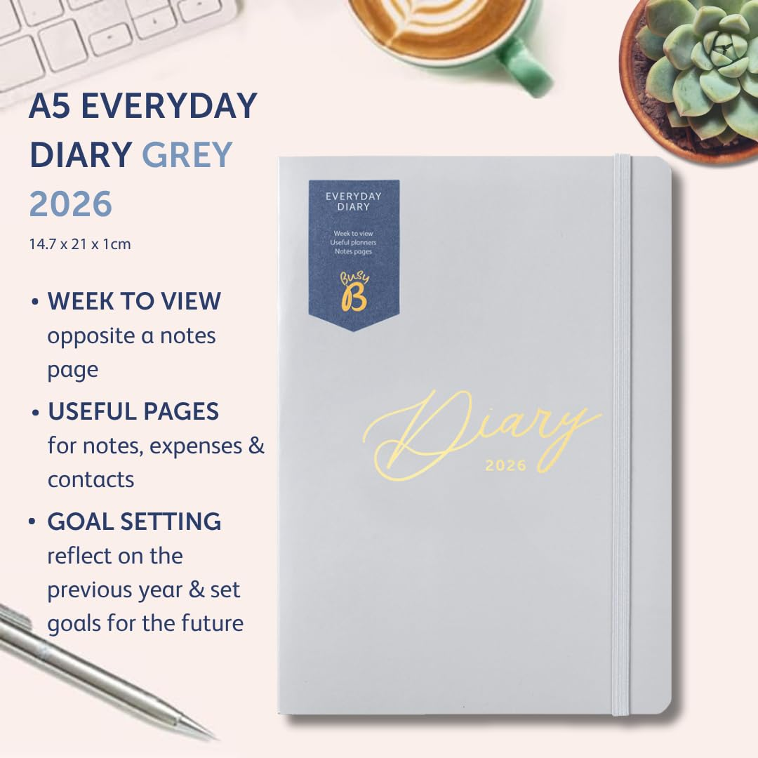 Busy B Everyday A5 Weekly Planner Diary 2026 - Compact Diary for Students, Teachers, Work & More with a Week-To-View Layout, Useful Planners, Notes Pages & Elastic Closure Band - Grey Planner Jan-Dec