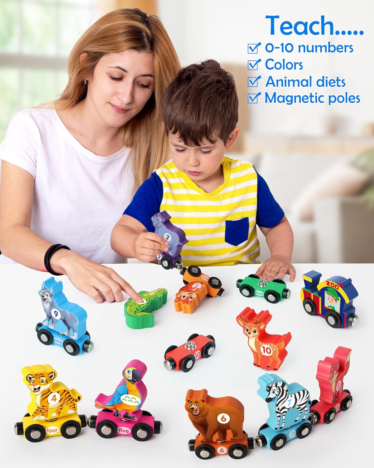 Vanmor Wooden Train Set with Animal Toys, Snap-Connection Animal Train, Matching and Magnetic Number Trains Learning Toys, Fine Motor Skill Educational Toy Gift Aged 3 4 5 Years Old Kids image number 2