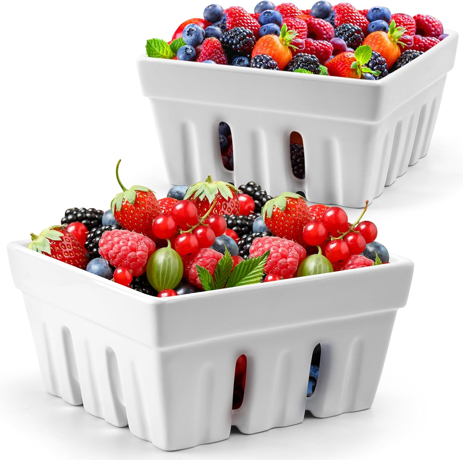 MIAMIO - Ceramic Berry Basket Set of 2 / Cute Kitchen Fruit Bowl with Draining Holes/Strawberry Storage Container
